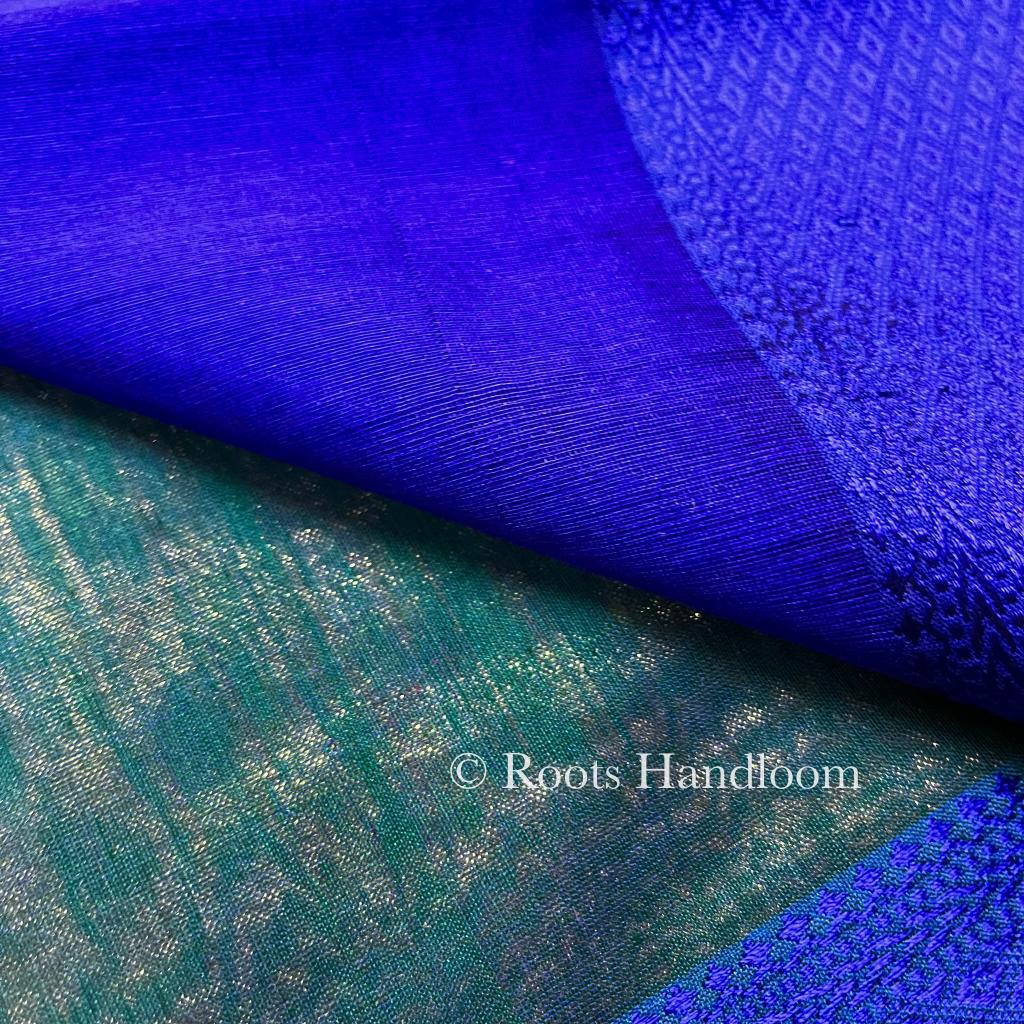 Peacock green and blue dual tone Maheshwari saree with resham border