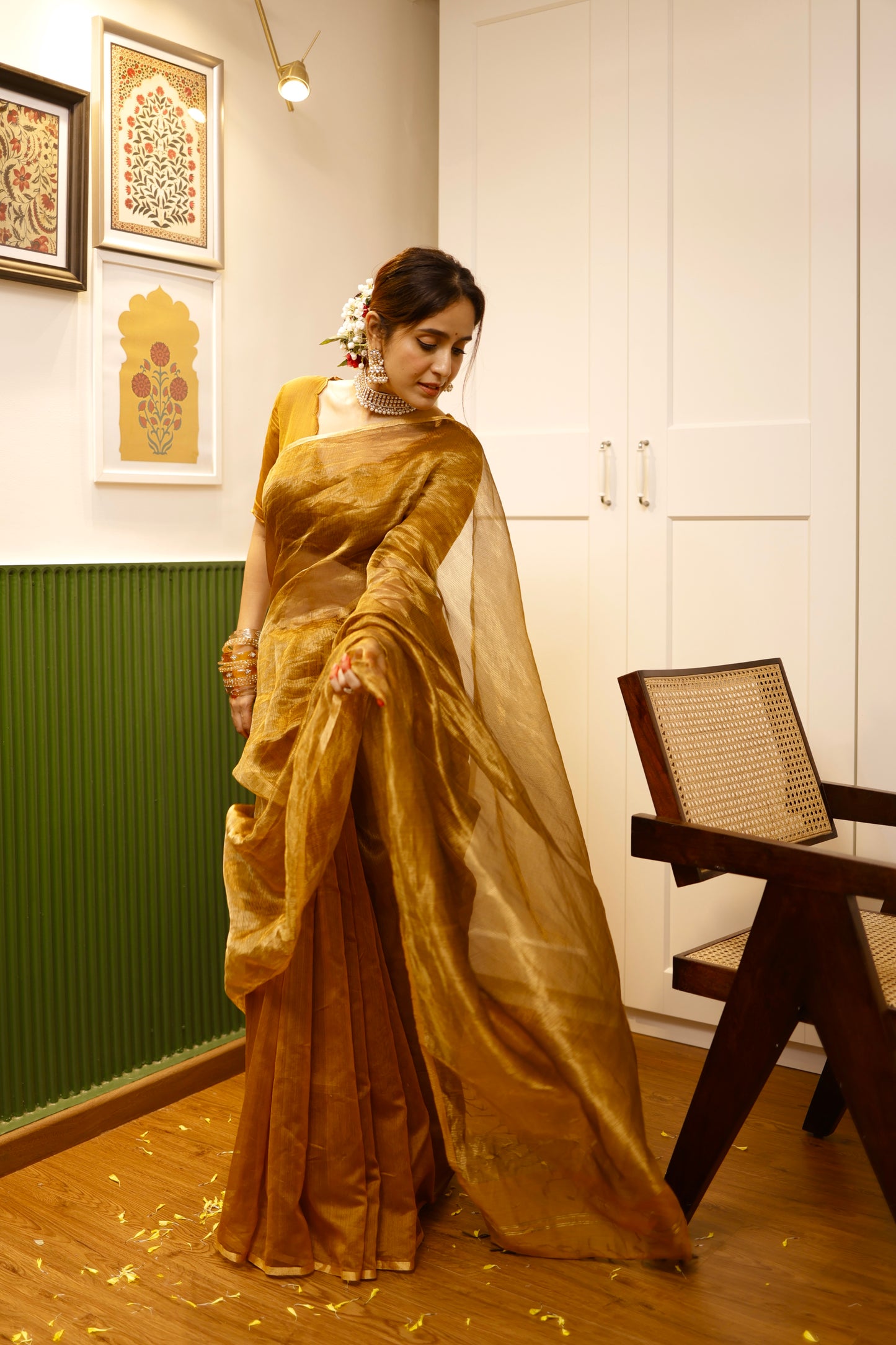Mustard and gold maheshwari saree with zari border