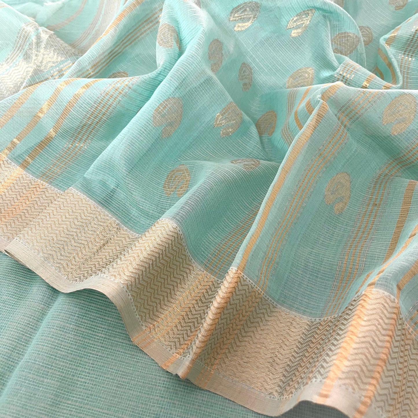 Light blue Maheshwari silk saree with zari checks all over