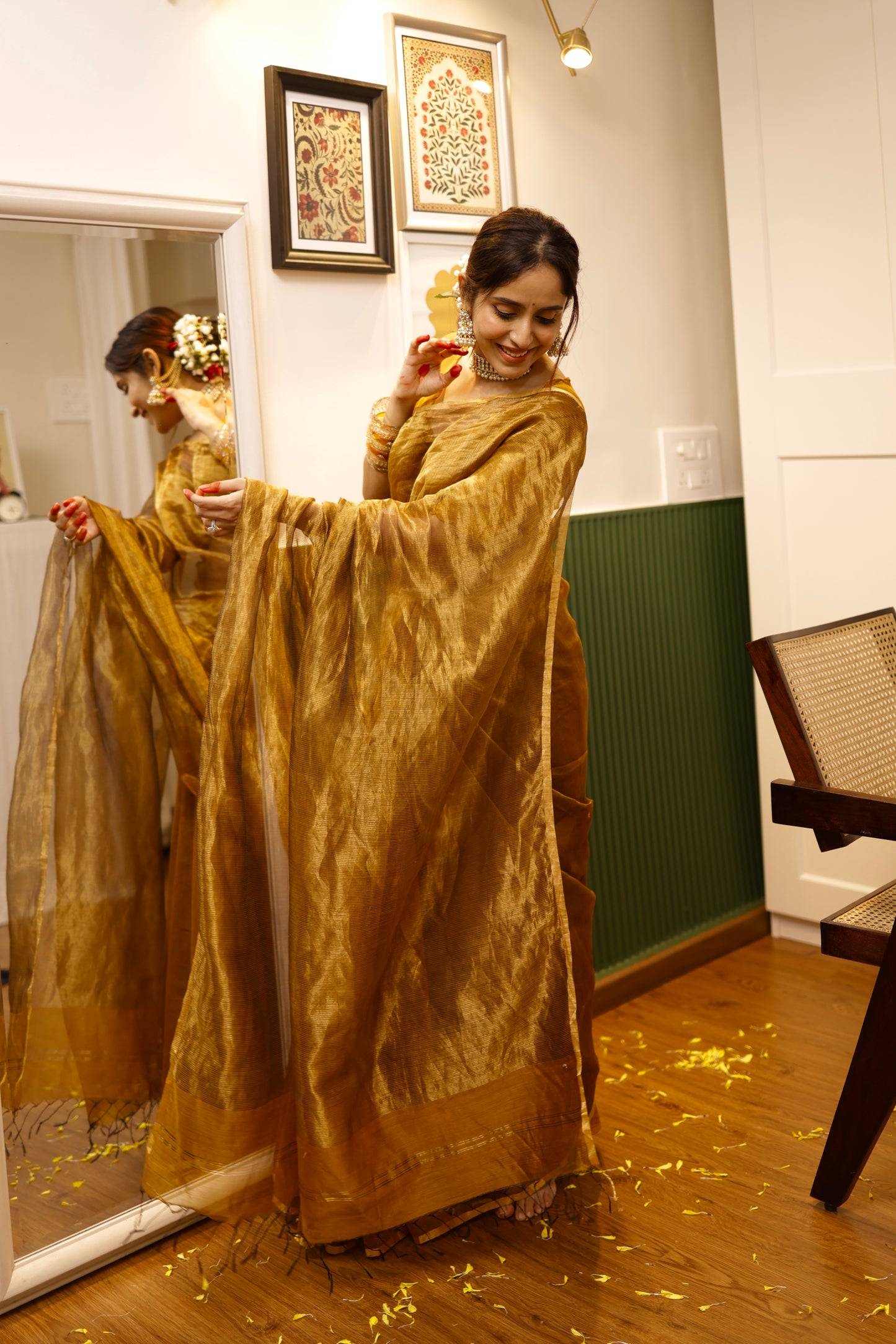 Mustard and gold maheshwari saree with zari border