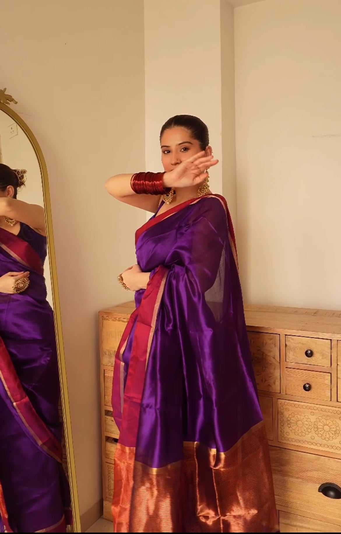 Ready to wear | Dark Purple Plum Chanderi silk saree with zari lines on pallu