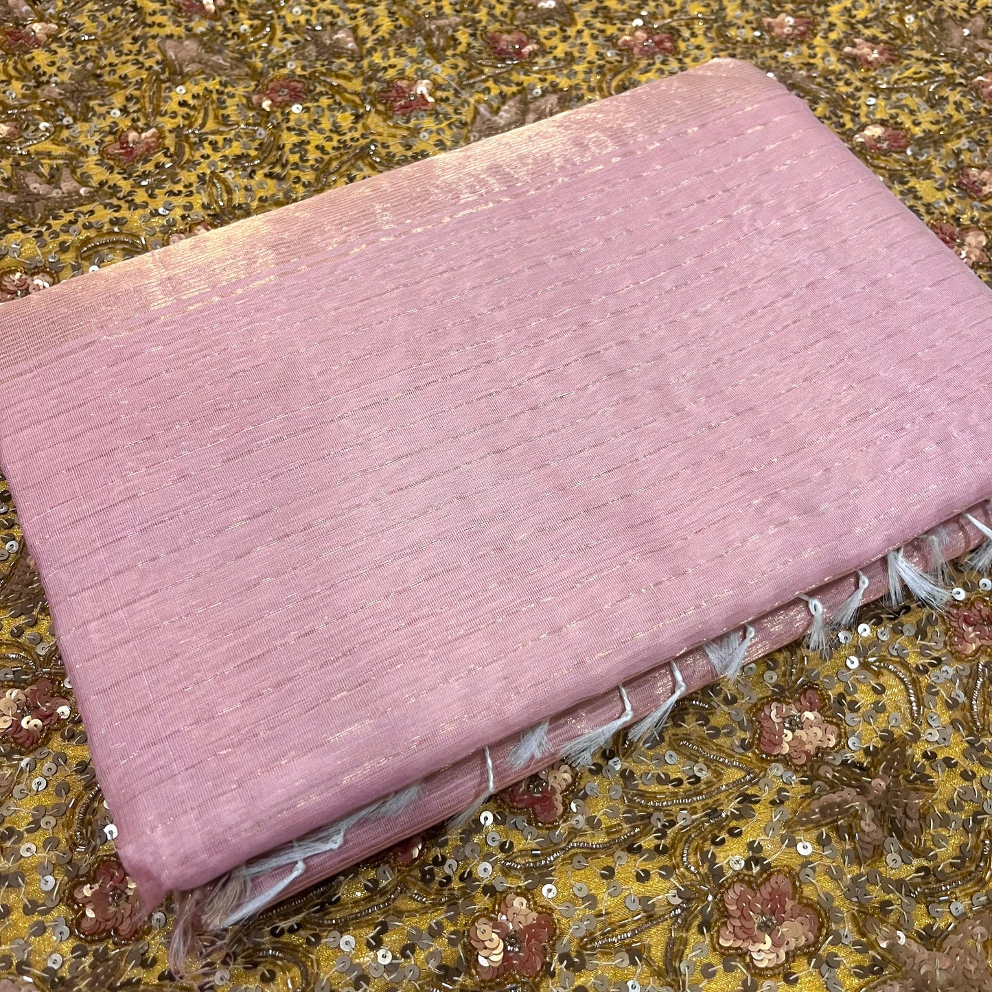 Pastel Pink Maheshwari saree with zari lines all over