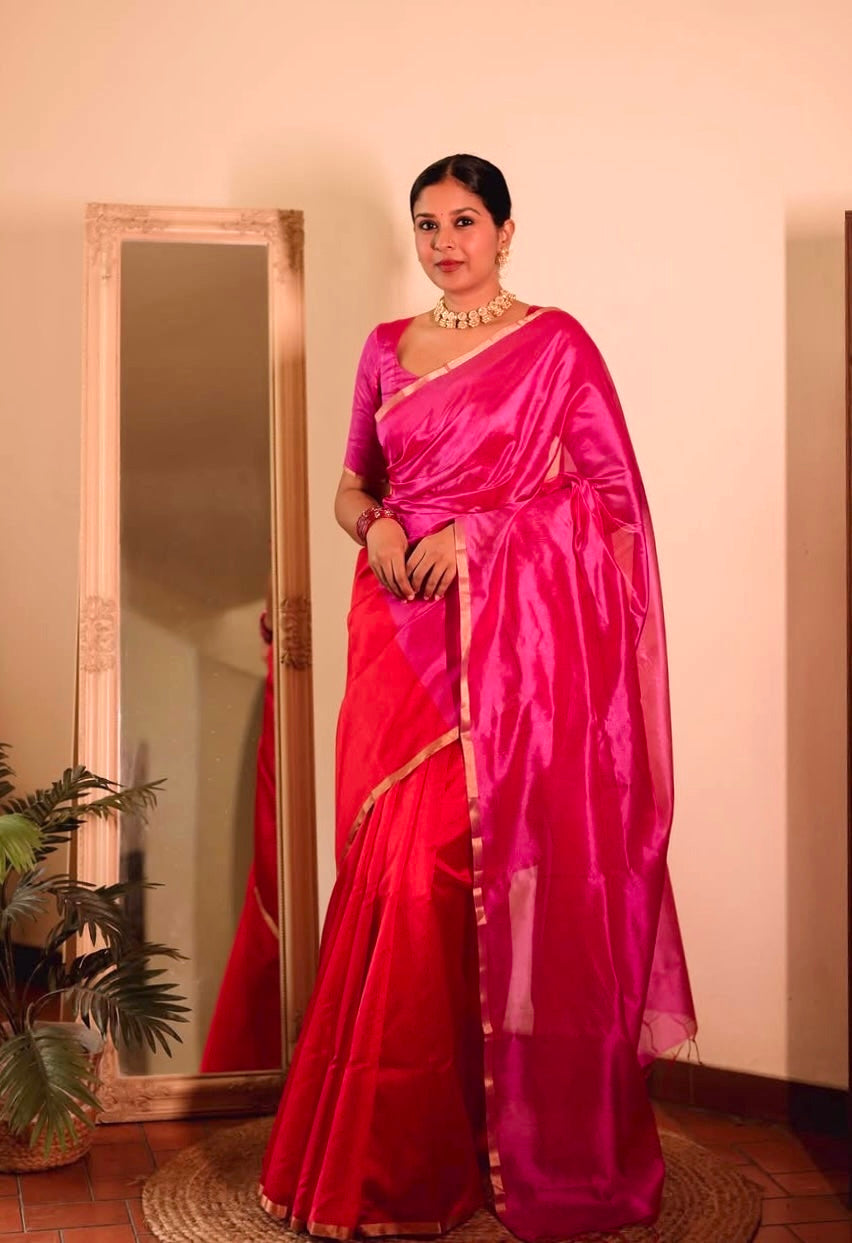 Chili Red and pink Chanderi silk saree with tassels on pallu