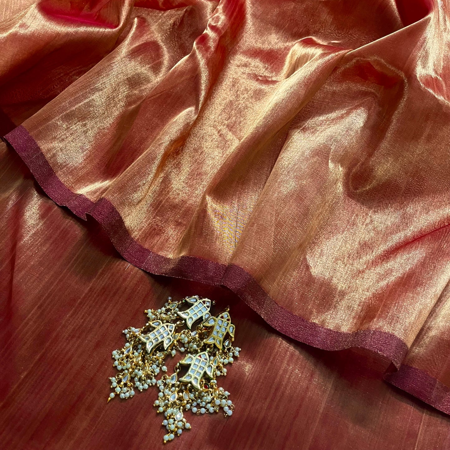 Deep red and gold Chanderi tissue silk saree