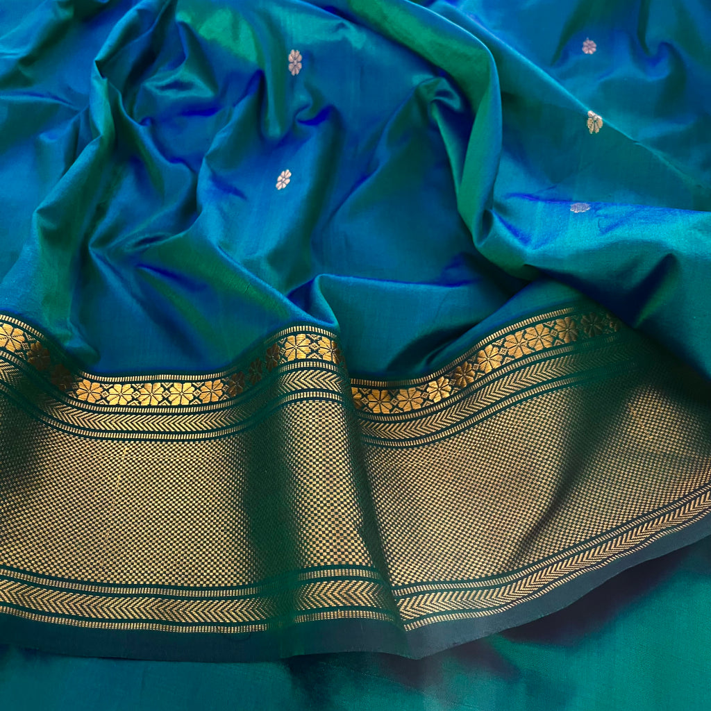 Peacock Blue Dual Tone Maheshwari Silk Saree with Flower Bootis all over