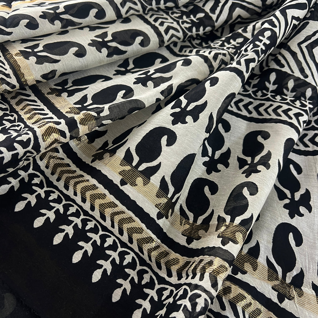 Black & White Block Print Chanderi Saree