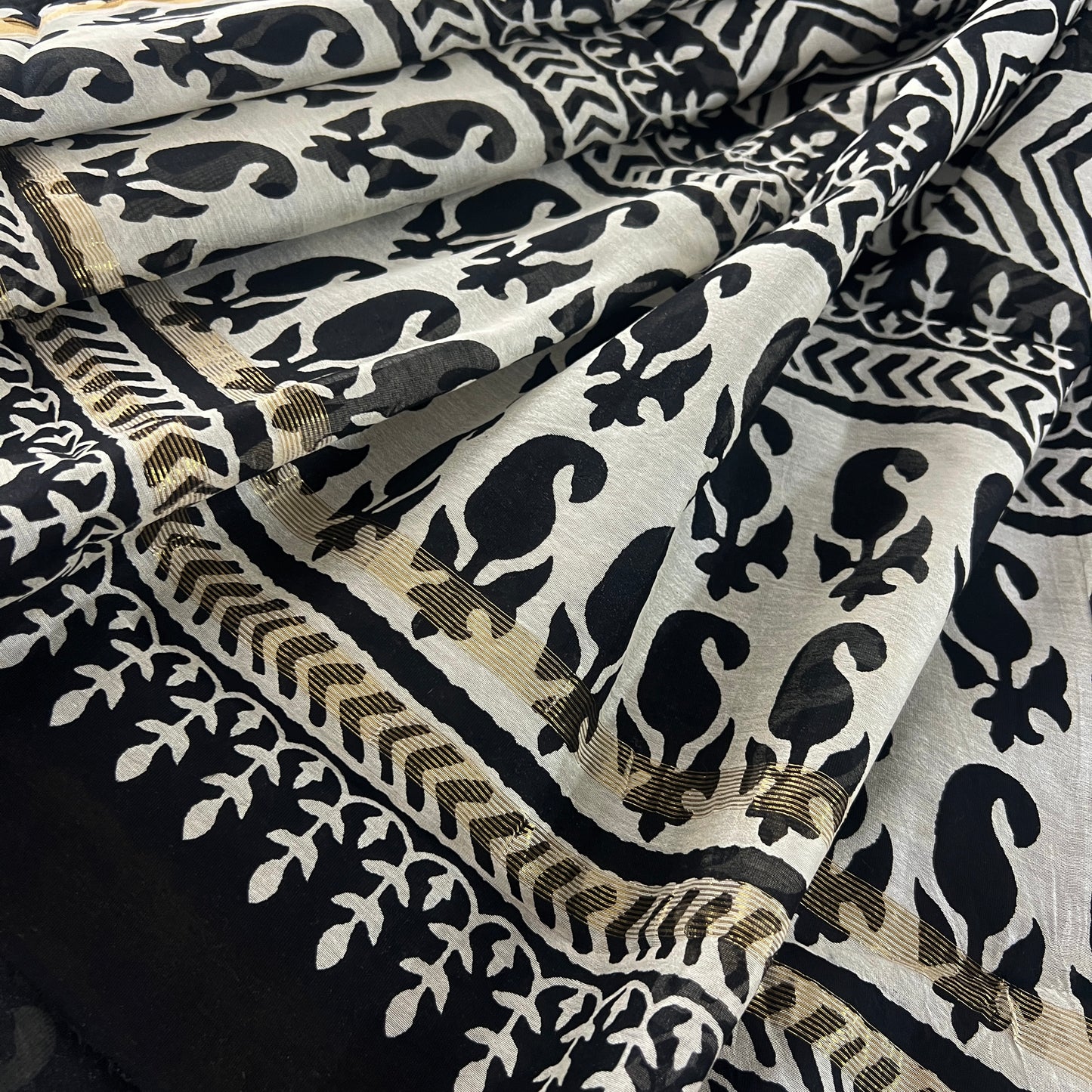 Black and white block print Chanderi saree