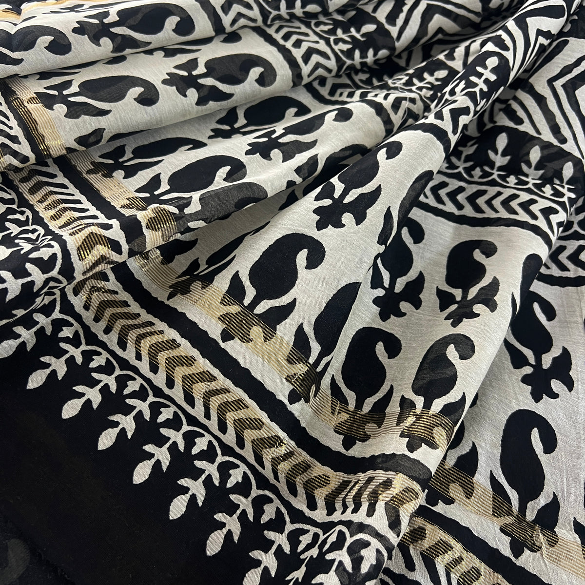 Black & White Block Print Chanderi Saree