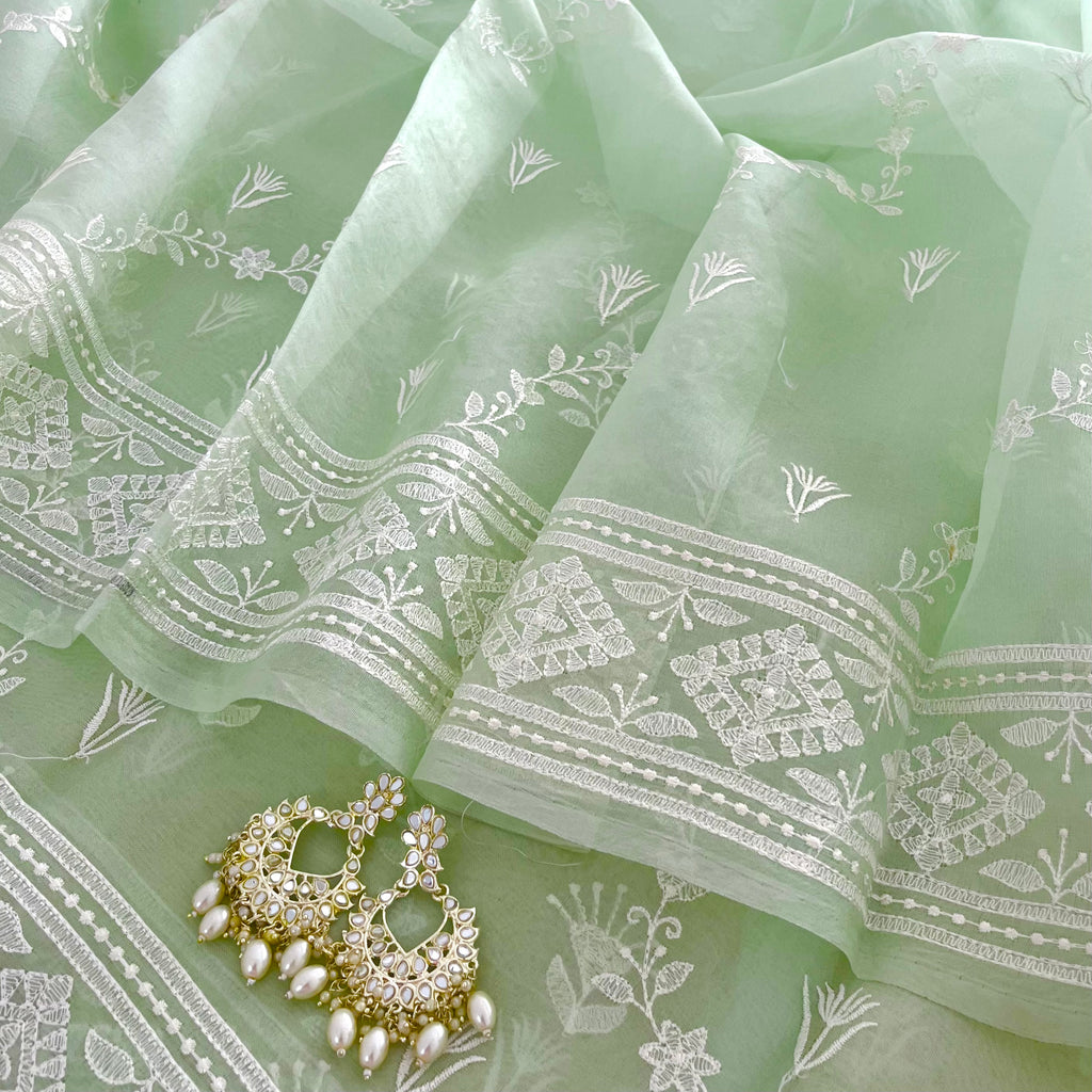Sea Green Banarasi Organza Silk Saree with Threadwork all over