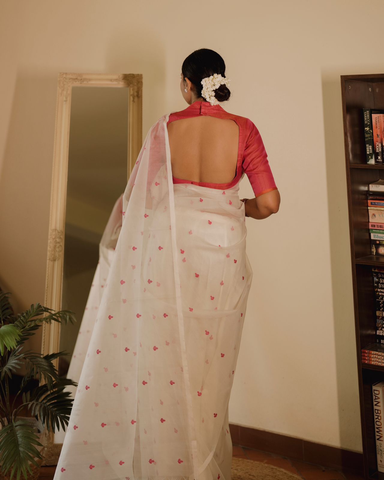 Off white and pink Chanderi silk saree with resham bootis all over