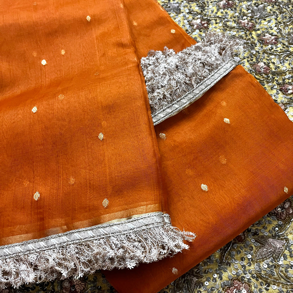 Burnt Orange Chanderi Silk Saree with Zari Bootis all over