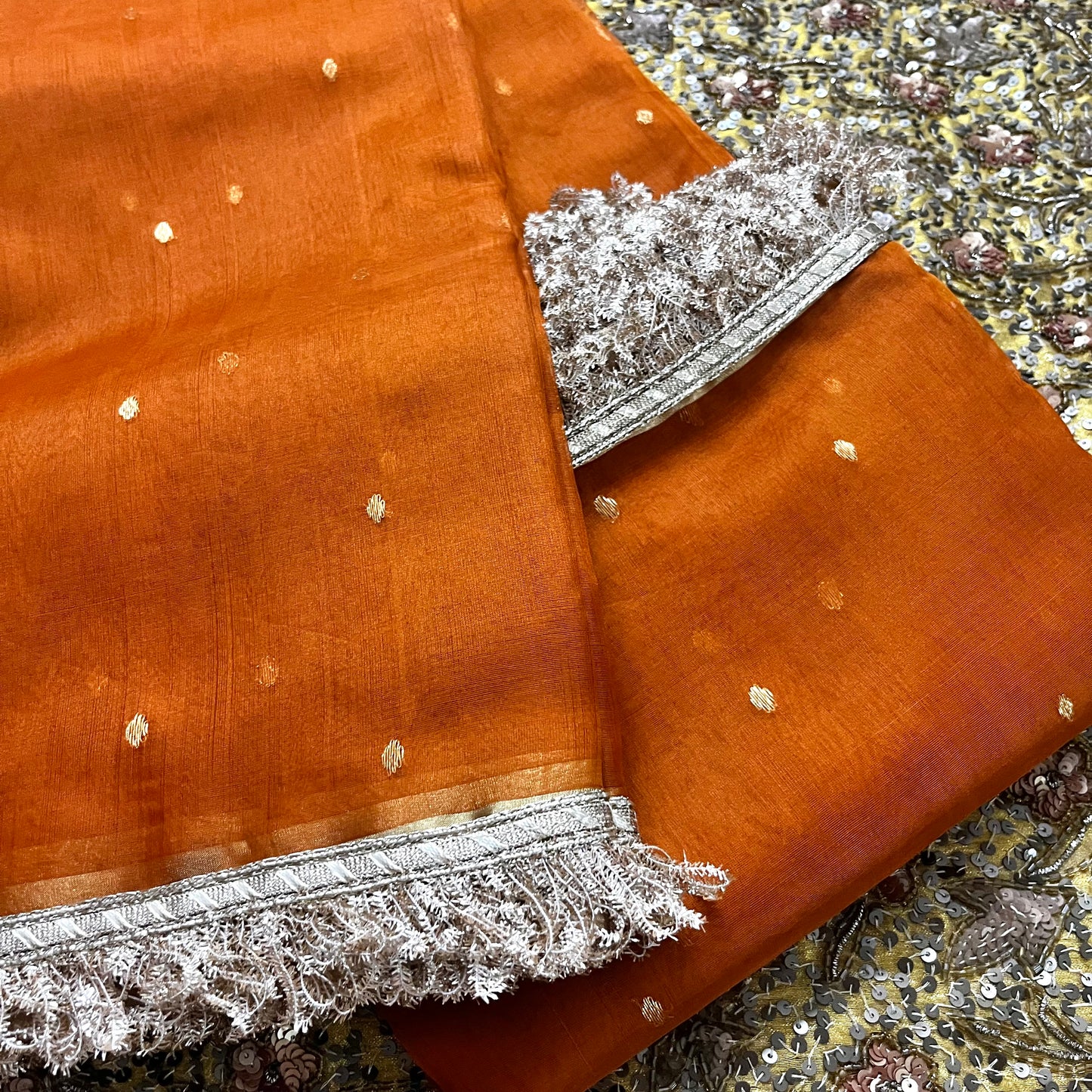 Burnt Orange Chanderi silk saree with zari bootis all over