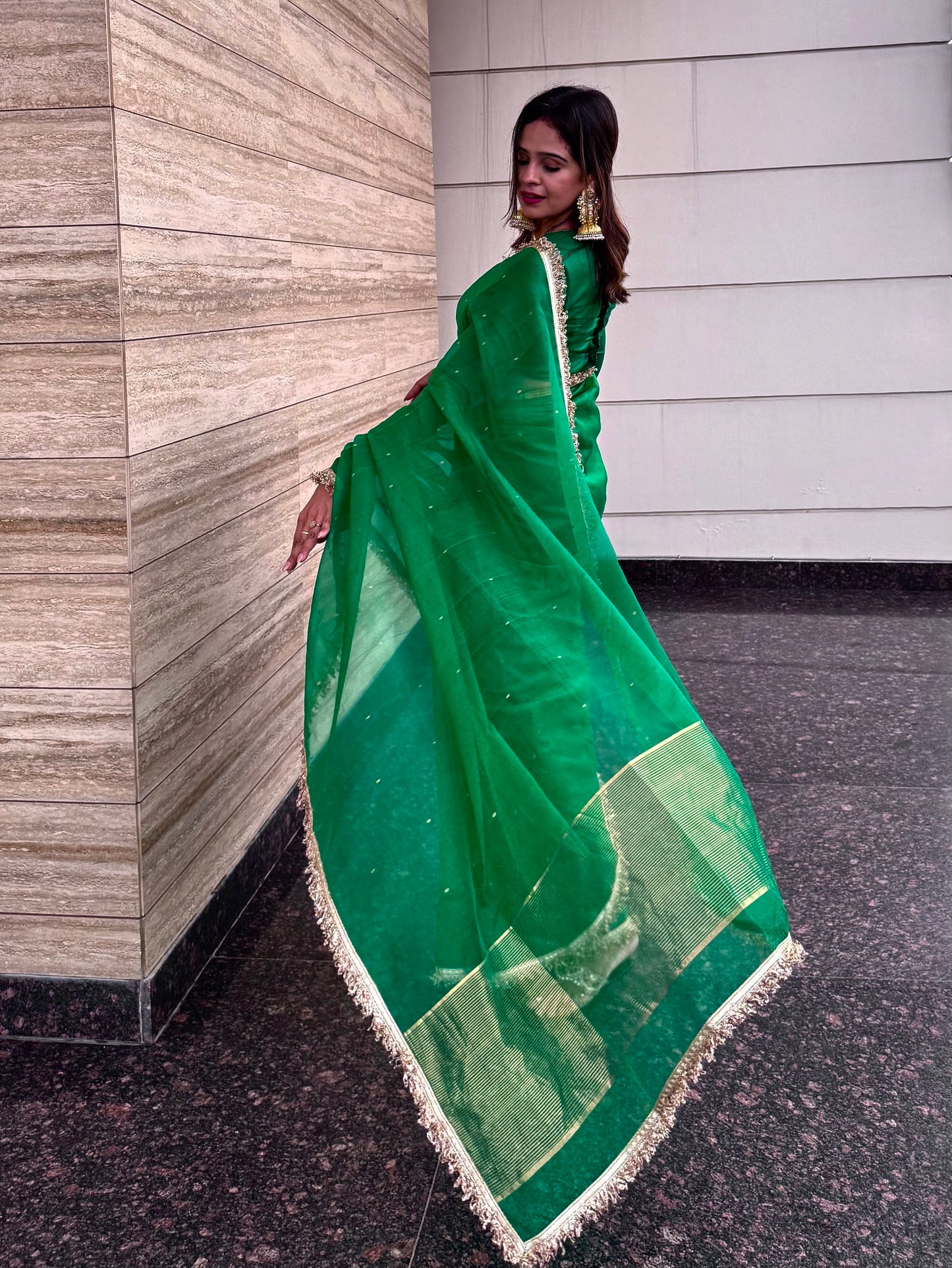 Emerald Green Chanderi silk saree with zari bootis all over
