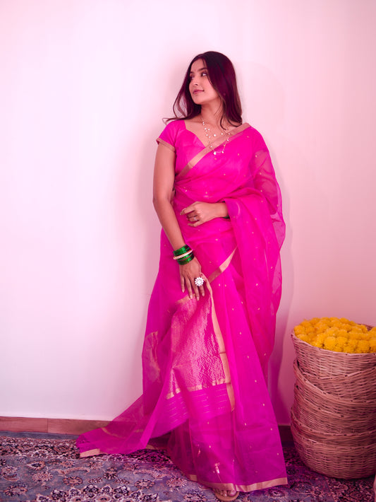 Fuschia pink Chanderi silk saree with zari bootis all over