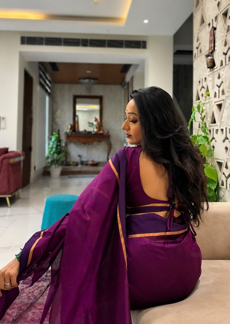 Plum & Indigo Chanderi silk saree with zari lines on pallu