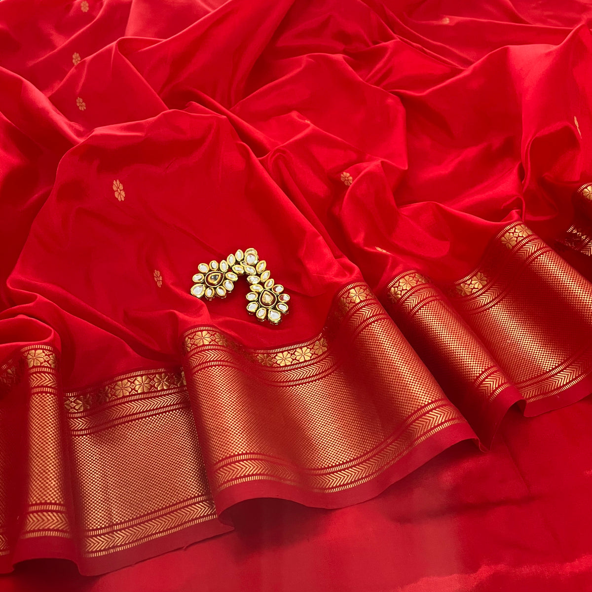 Deep Red Maheshwari Silk Saree with Flower Bootis all over
