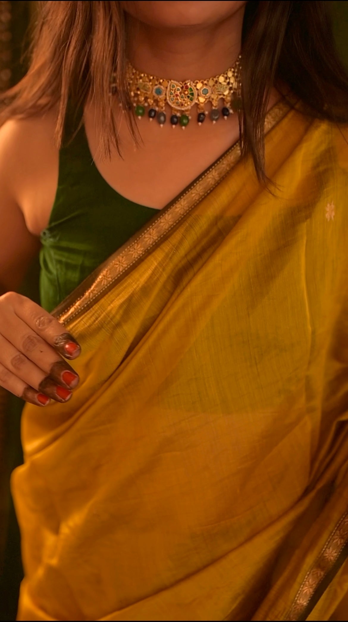Mustard & green Maheshwari saree with flower bootis all over