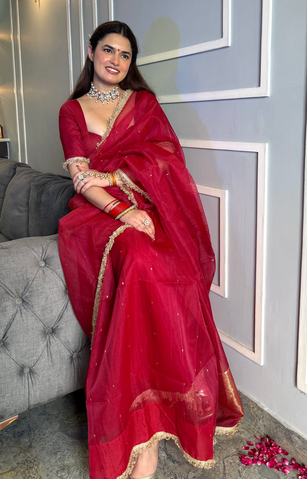 Dark rose chanderi silk saree with zari bootis all over