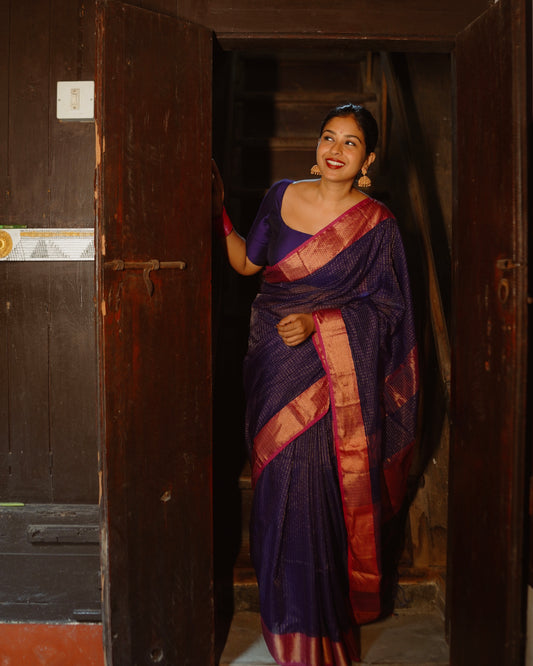 Dark purple and pink maheshwari saree with zari checks all over