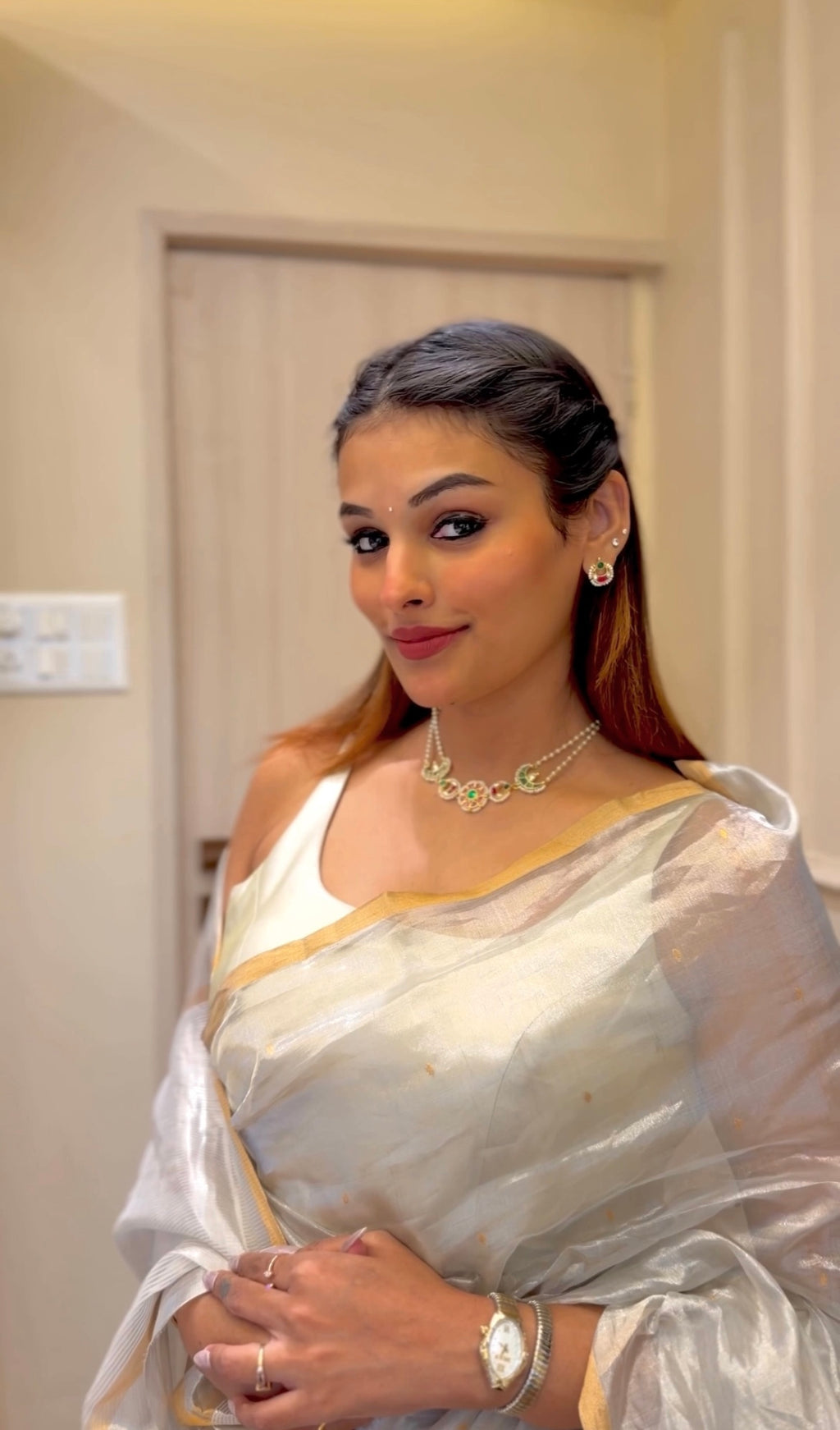 Chantilly cream Chanderi tissue silk saree with zari bootis all over