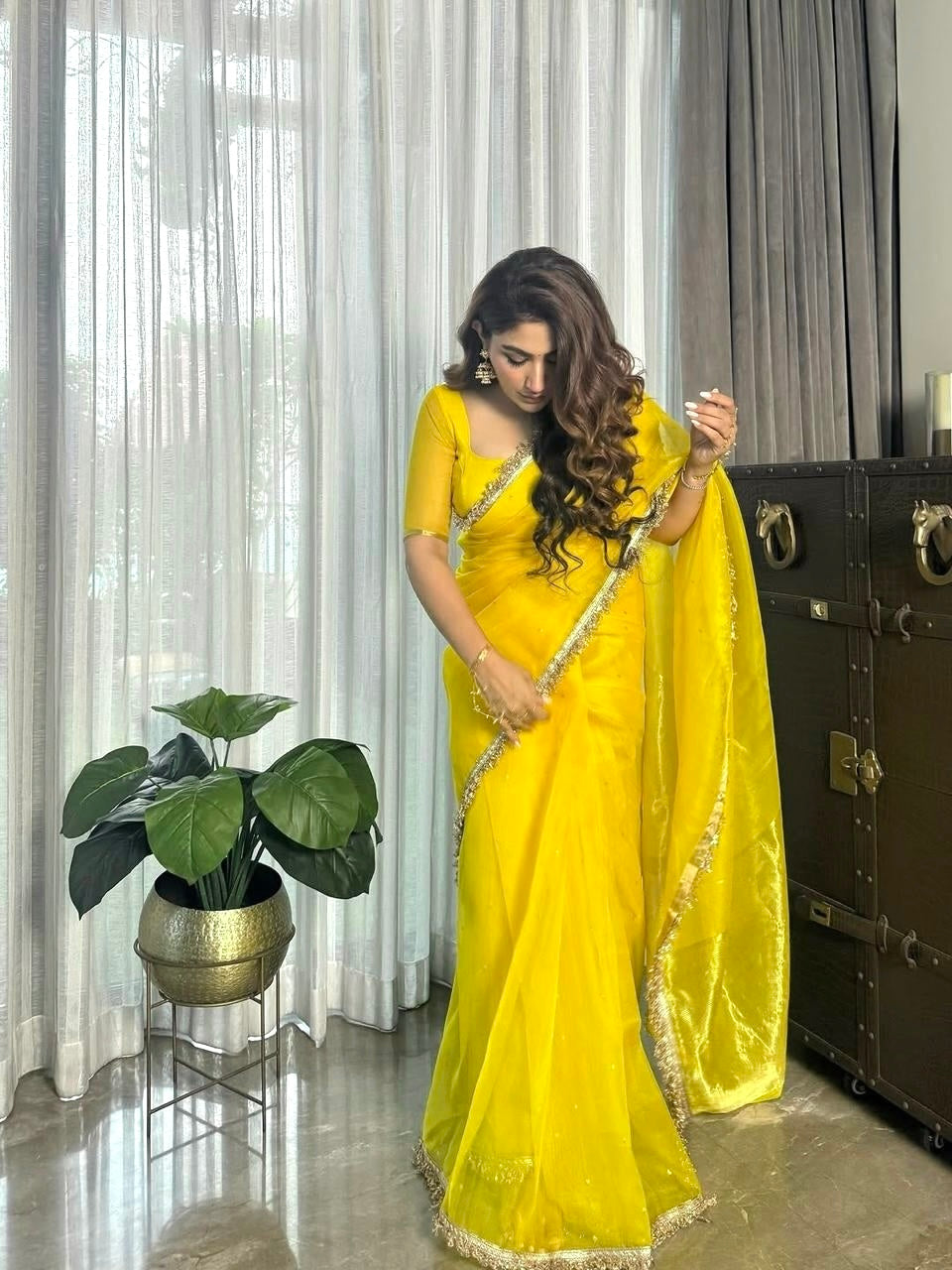 Corn yellow Chanderi silk saree with zari bootis all over