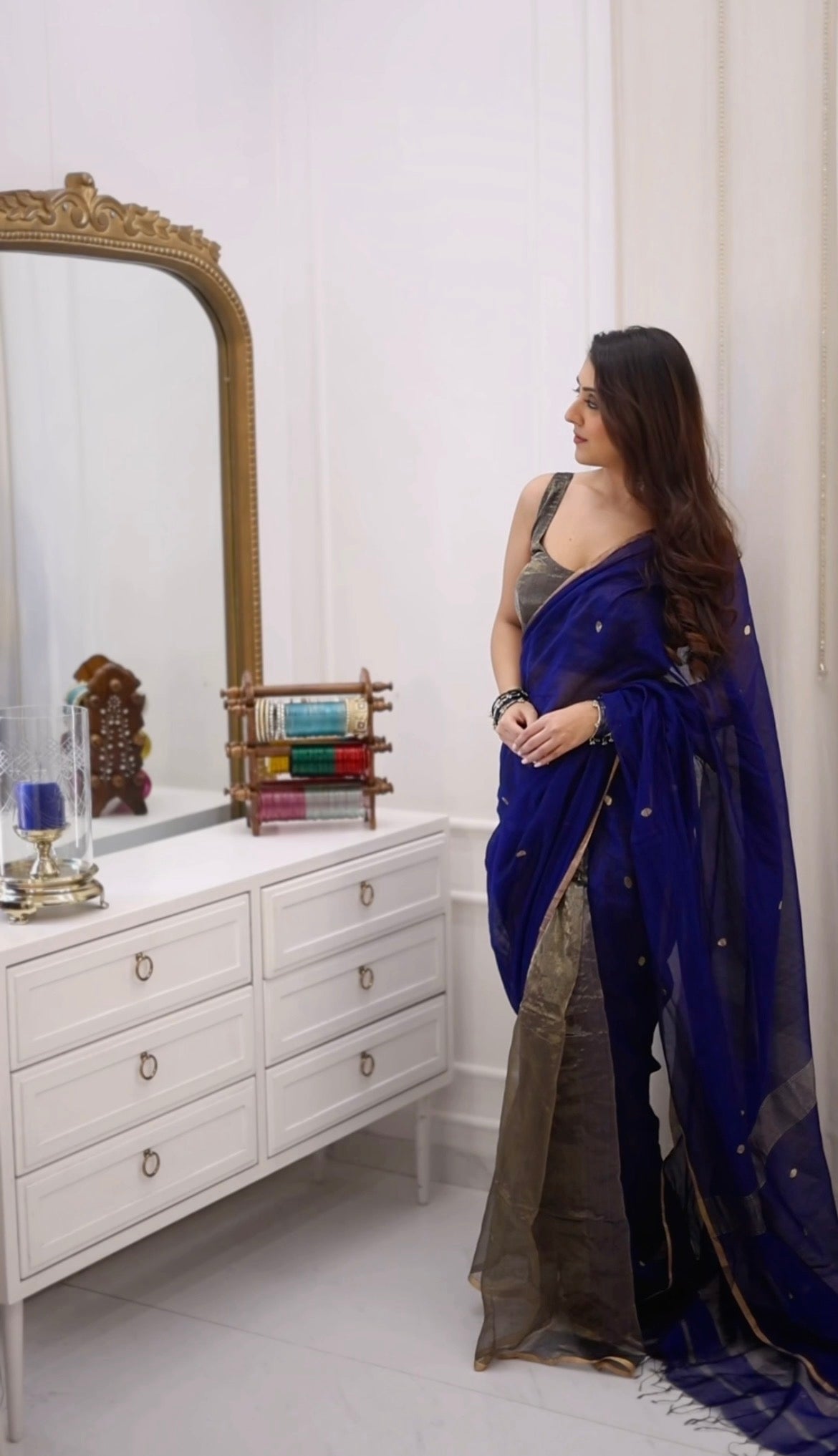 Ready to wear | Dark Blue Maheshwari Saree with Zari Bootis & Zari Lines