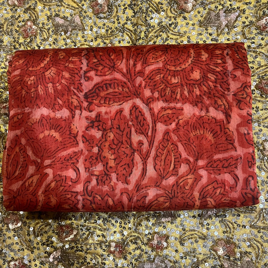 Rust Maheshwari saree with ajrakh print all over