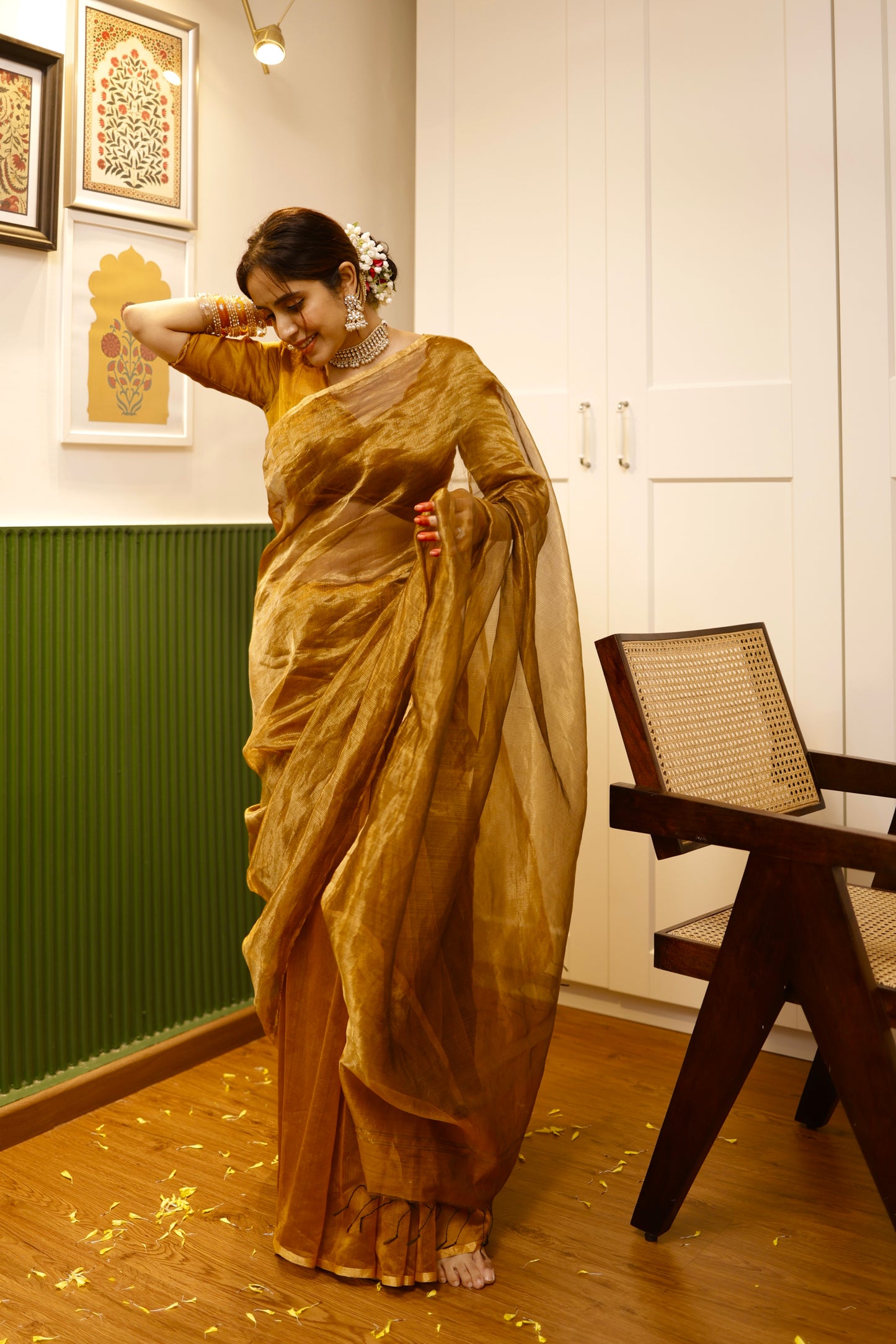 Mustard and gold maheshwari saree with zari border