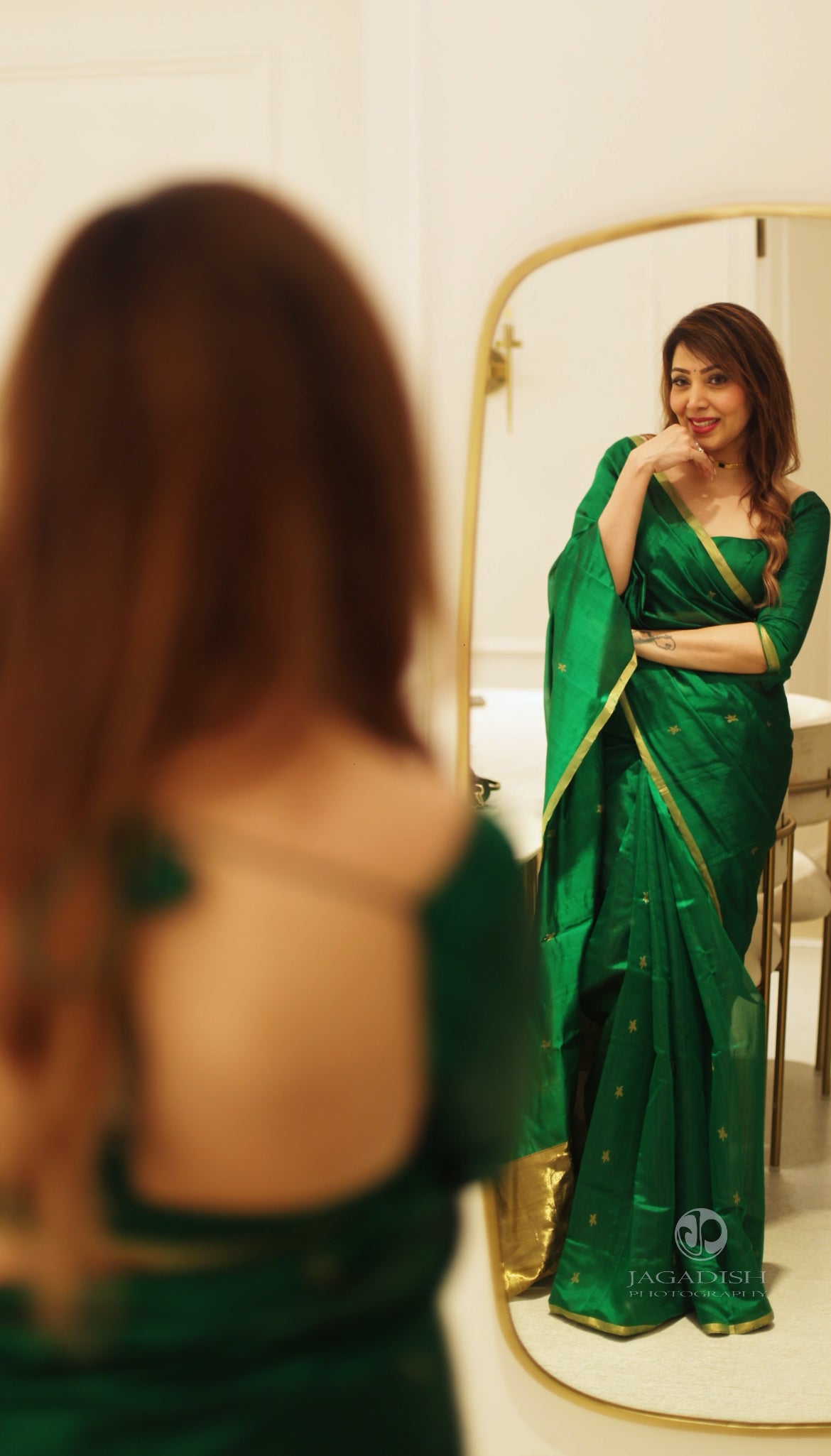Emerald green chanderi silk saree with flower bootis all over