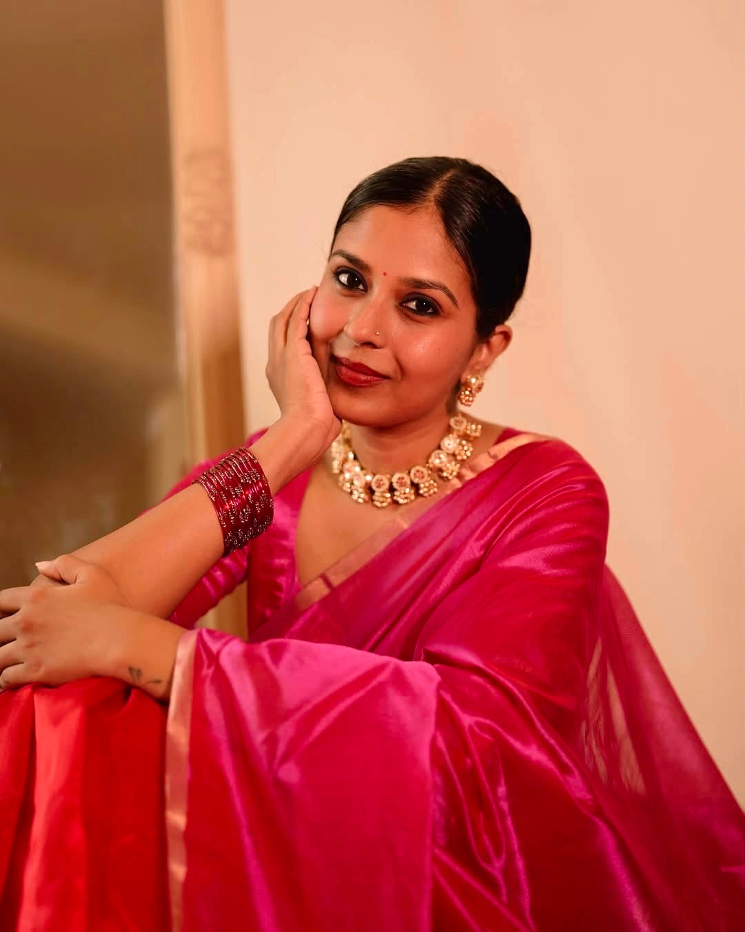 Chili Red and pink Chanderi silk saree with tassels on pallu