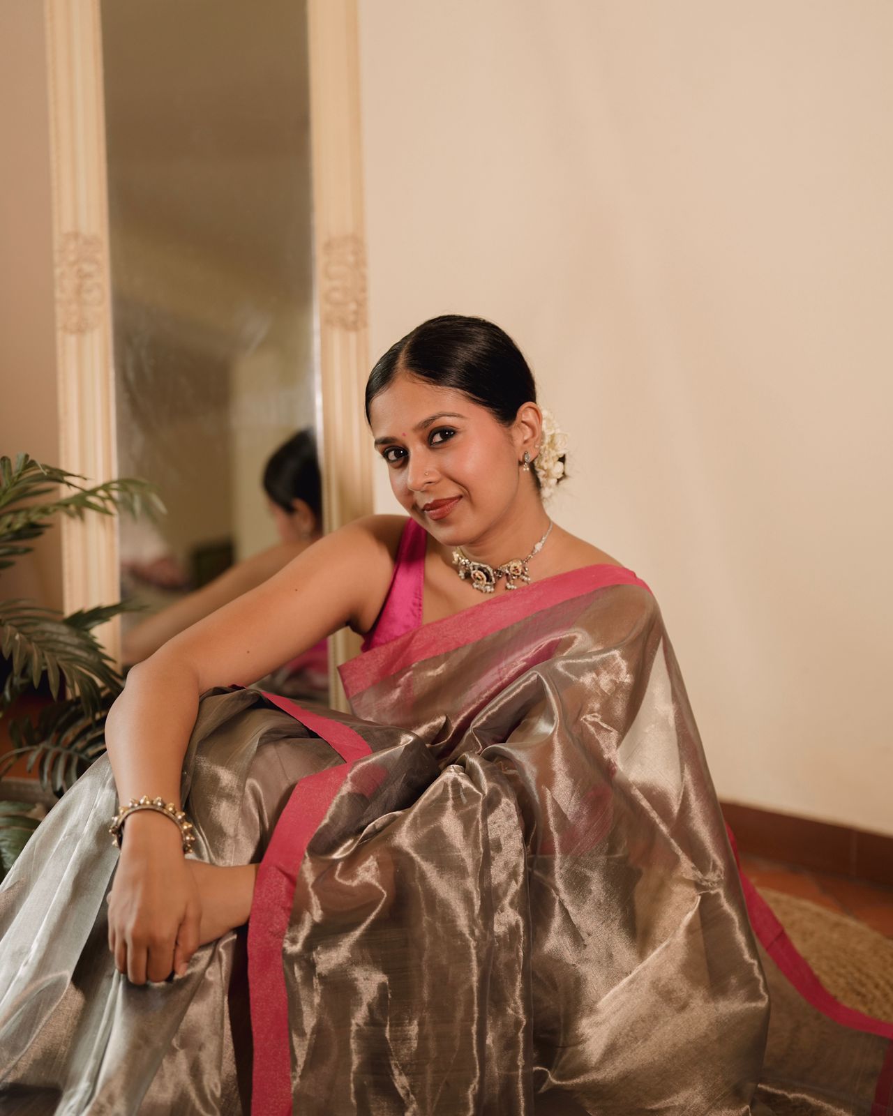 Silver grey and pink Chanderi tissue silk saree with zari lines on pallu