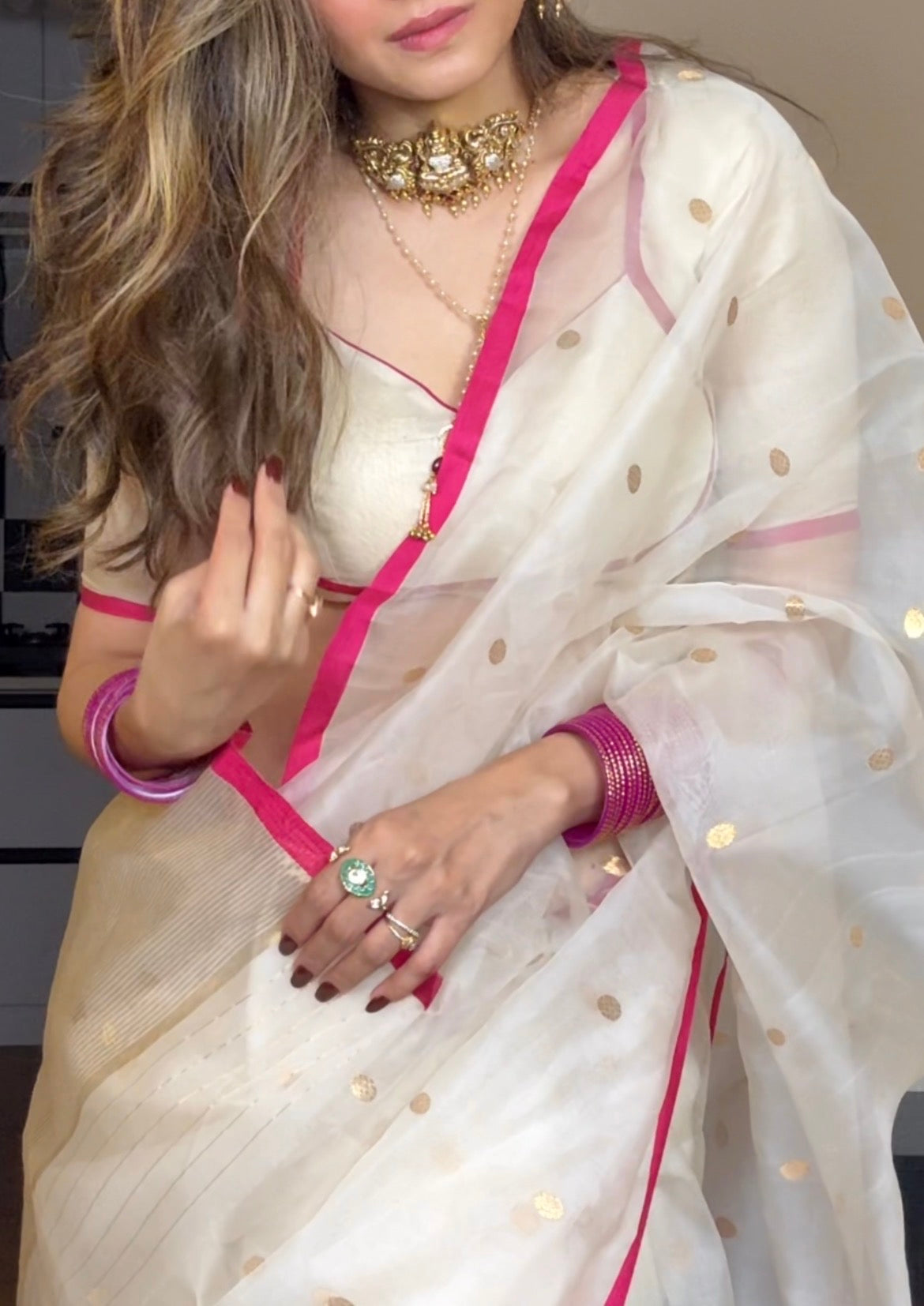 Off-White & Pink Chanderi Organza Silk Saree with Zari Bootis all over