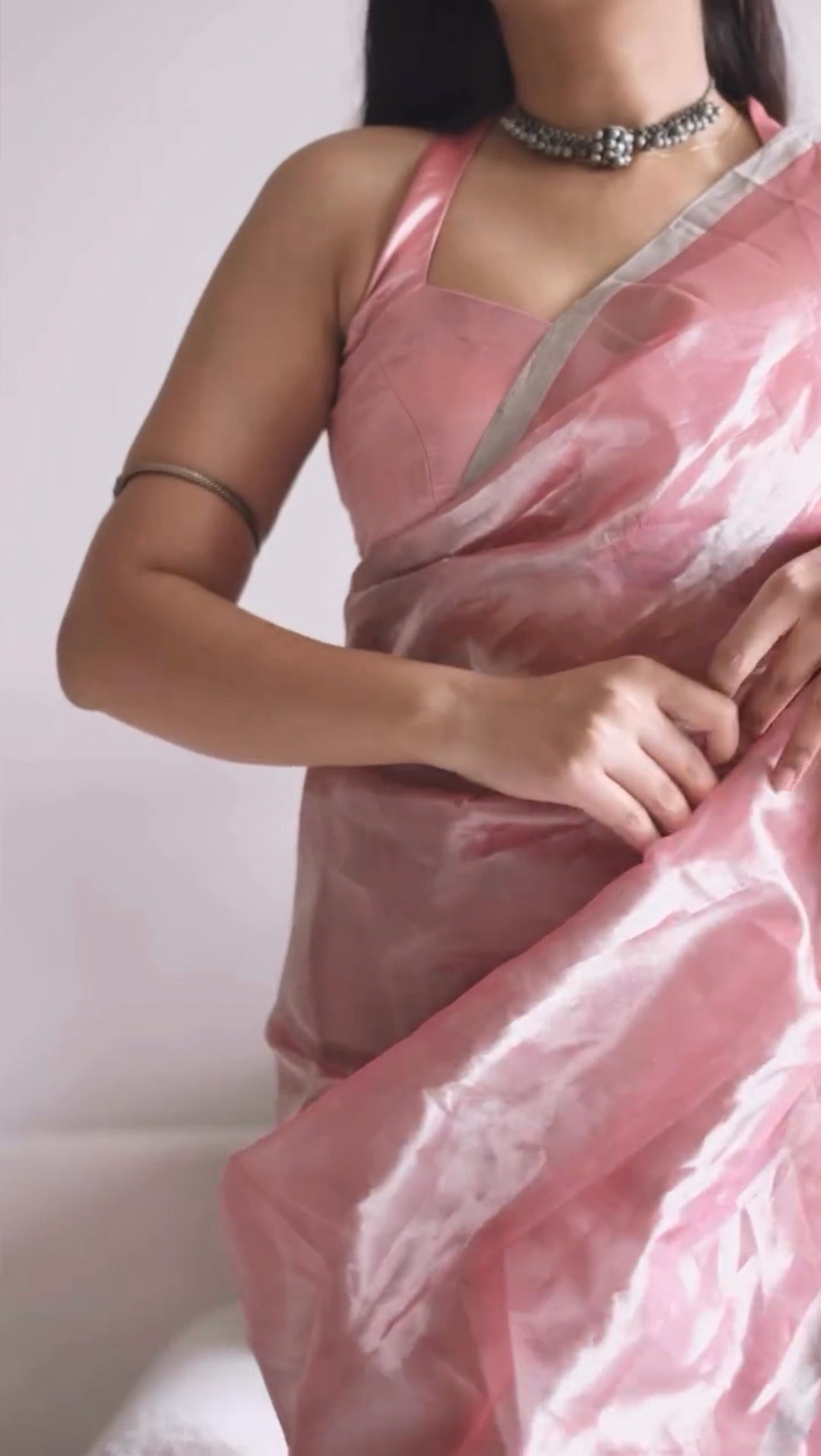 Flamingo pink Chanderi tissue silk saree