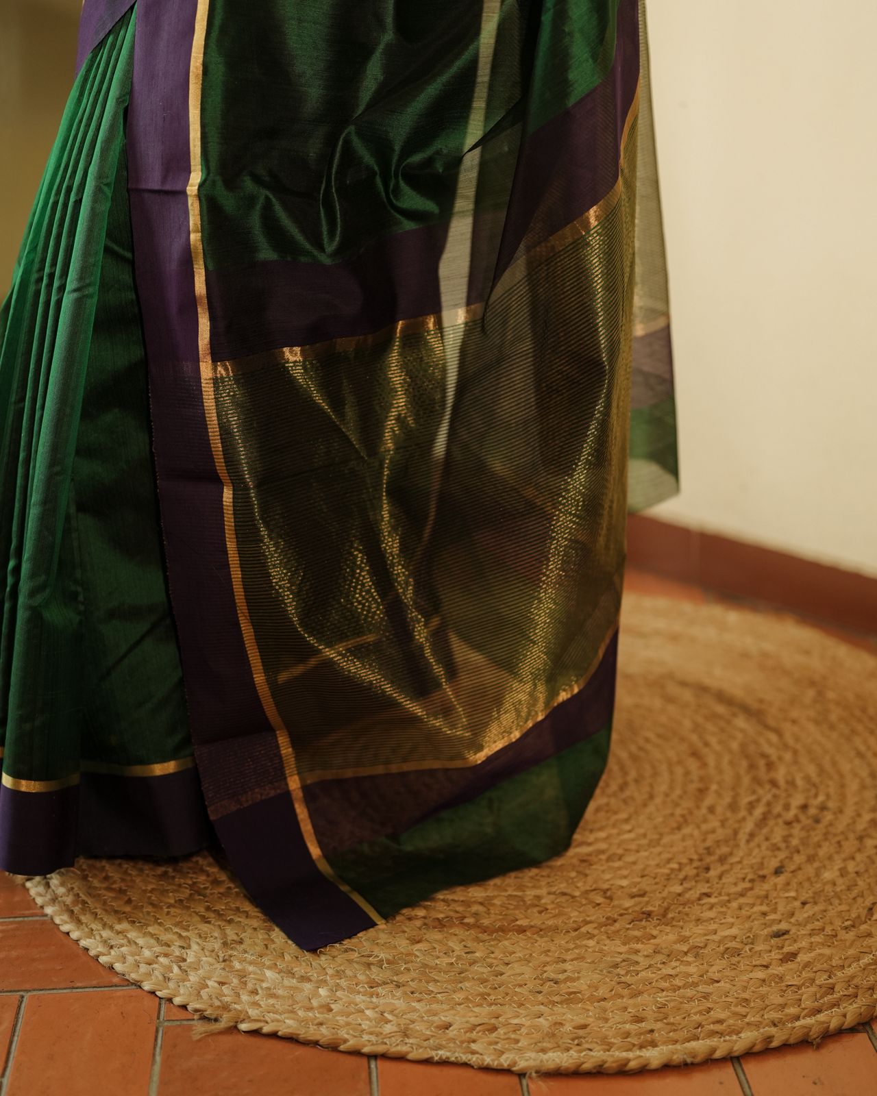 Dark green and blue Chanderi silk saree with silk border