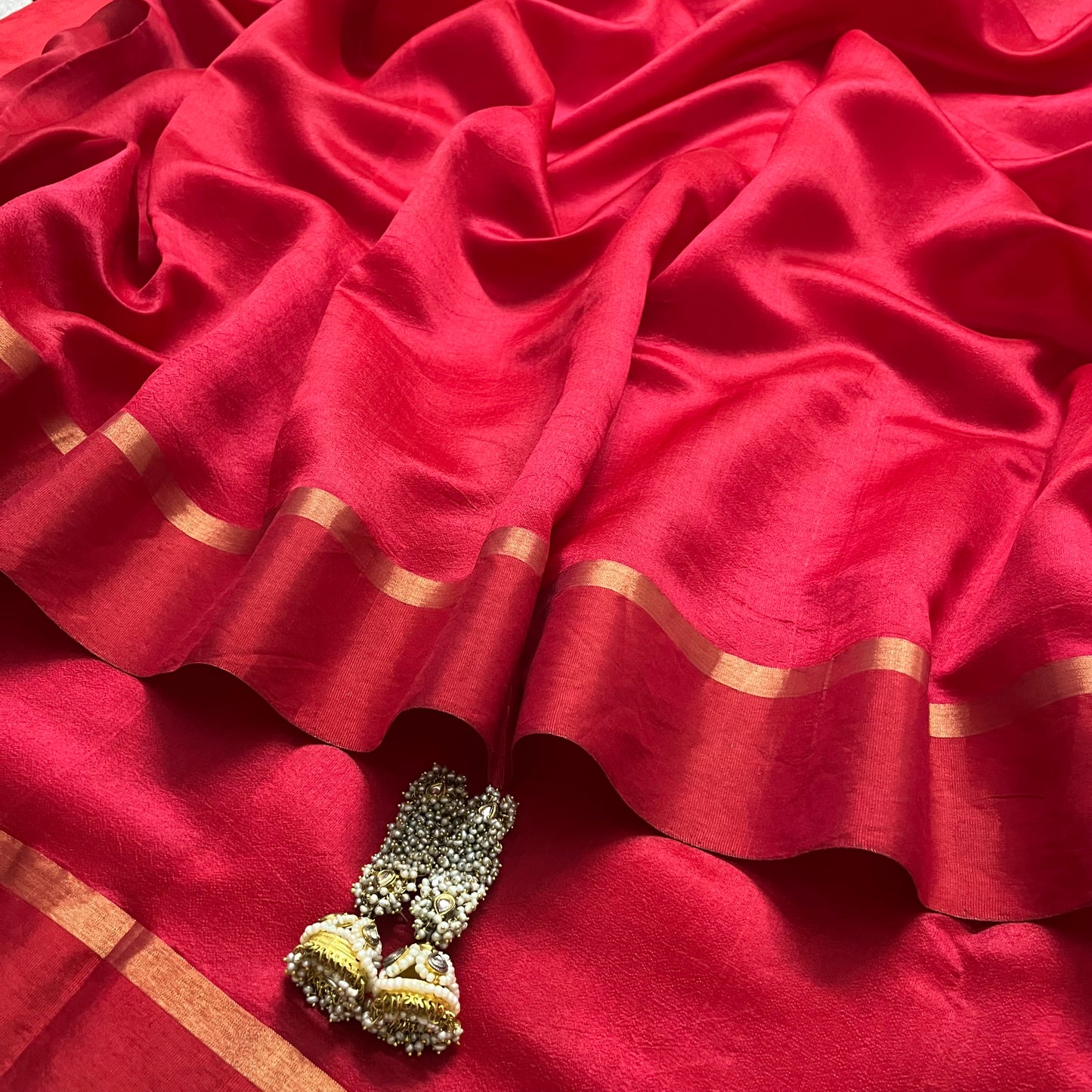 Red Chanderi Silk Saree with Tissue Border