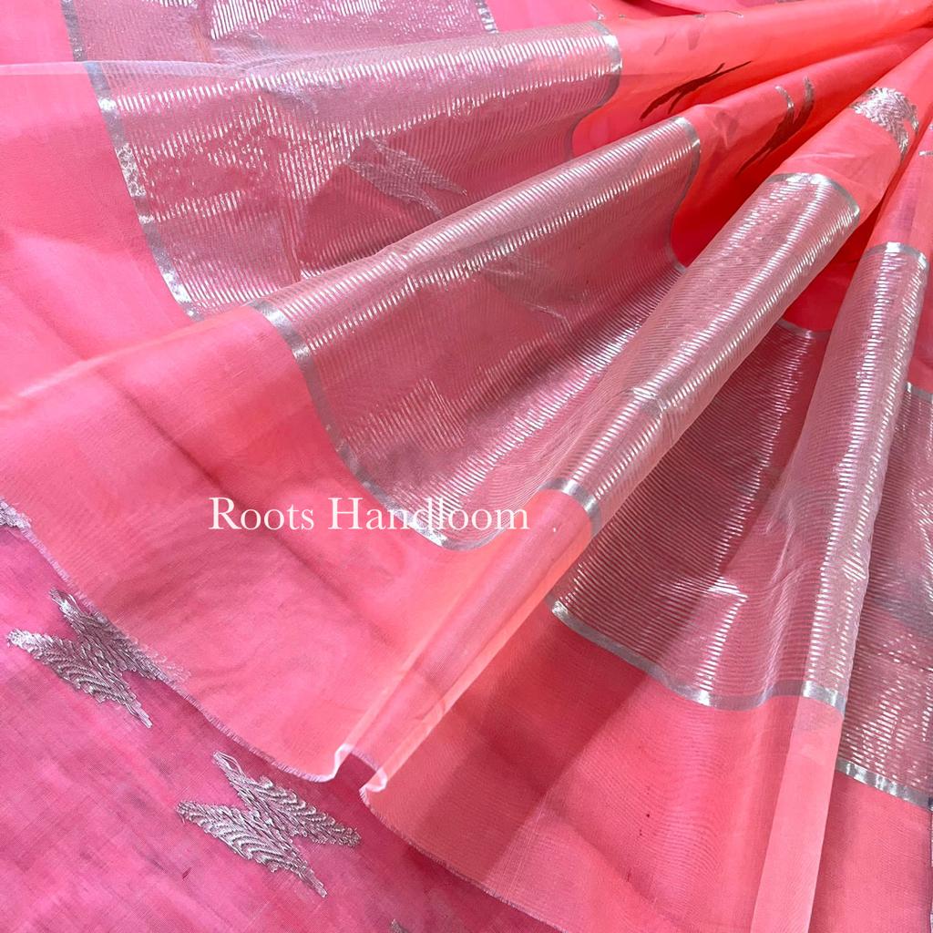 Peachish pink Chanderi organza silk with feather motifs all over