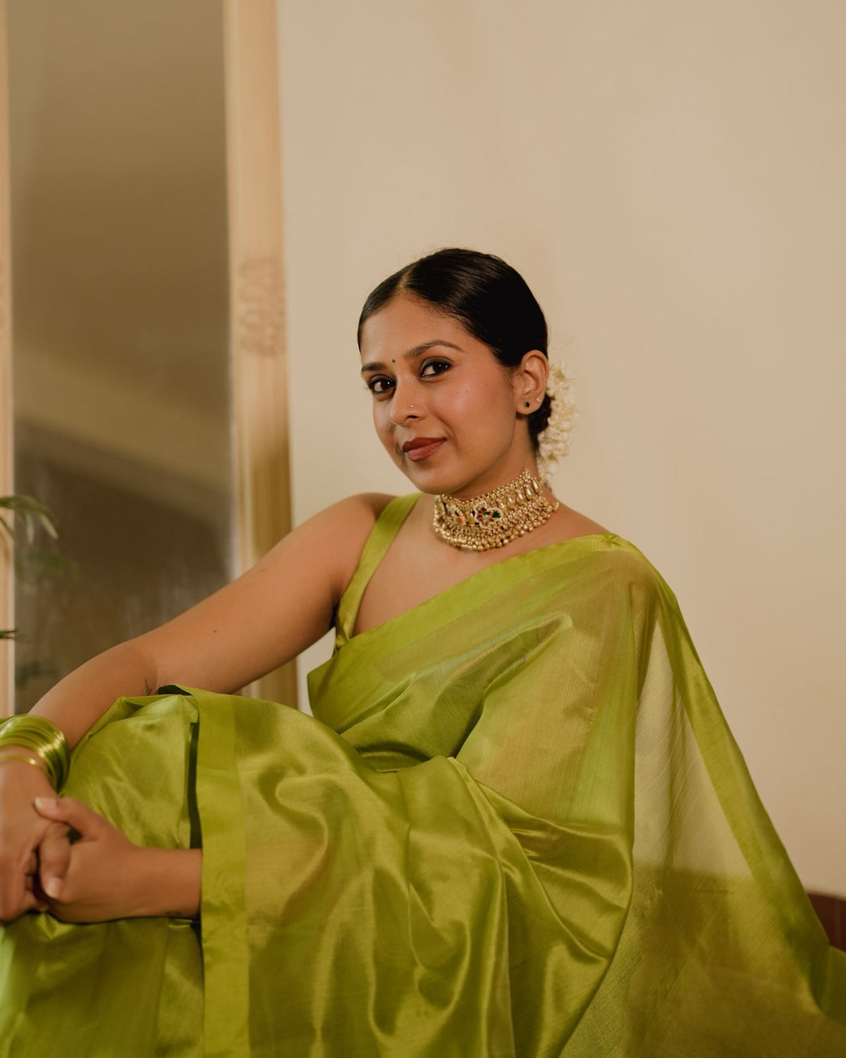 Olive green Chanderi silk saree with silk border