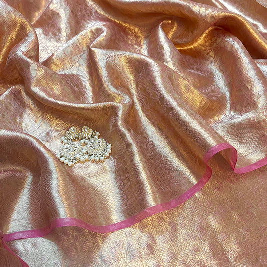 Rose and Gold banarasi brocade silk saree with zari pattern all over