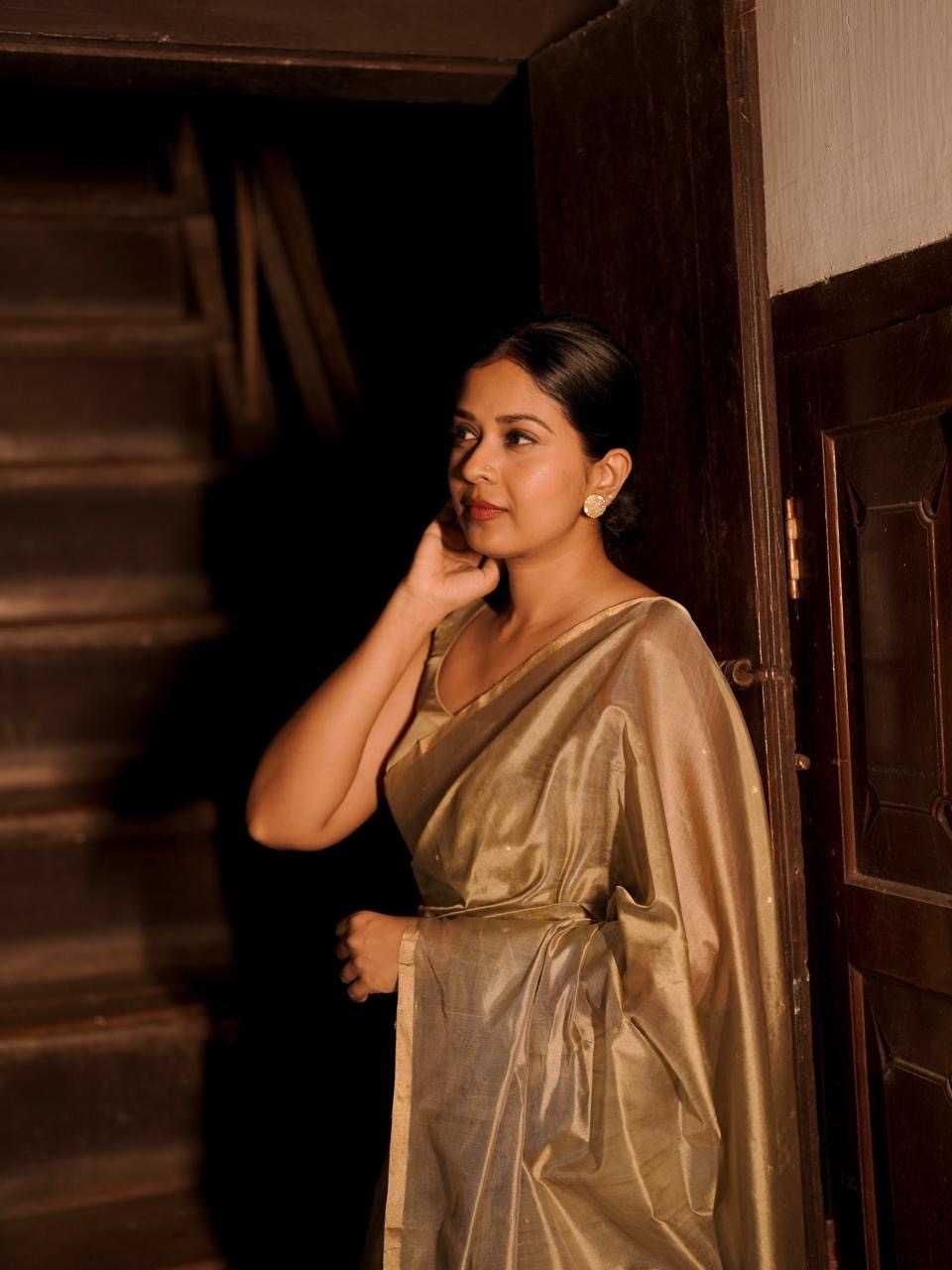 Antique gold chanderi silk saree with zari bootis all over