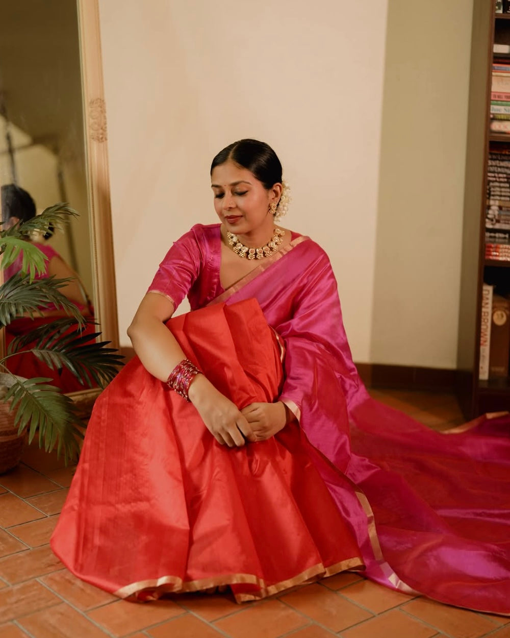 Chili Red and pink Chanderi silk saree with tassels on pallu