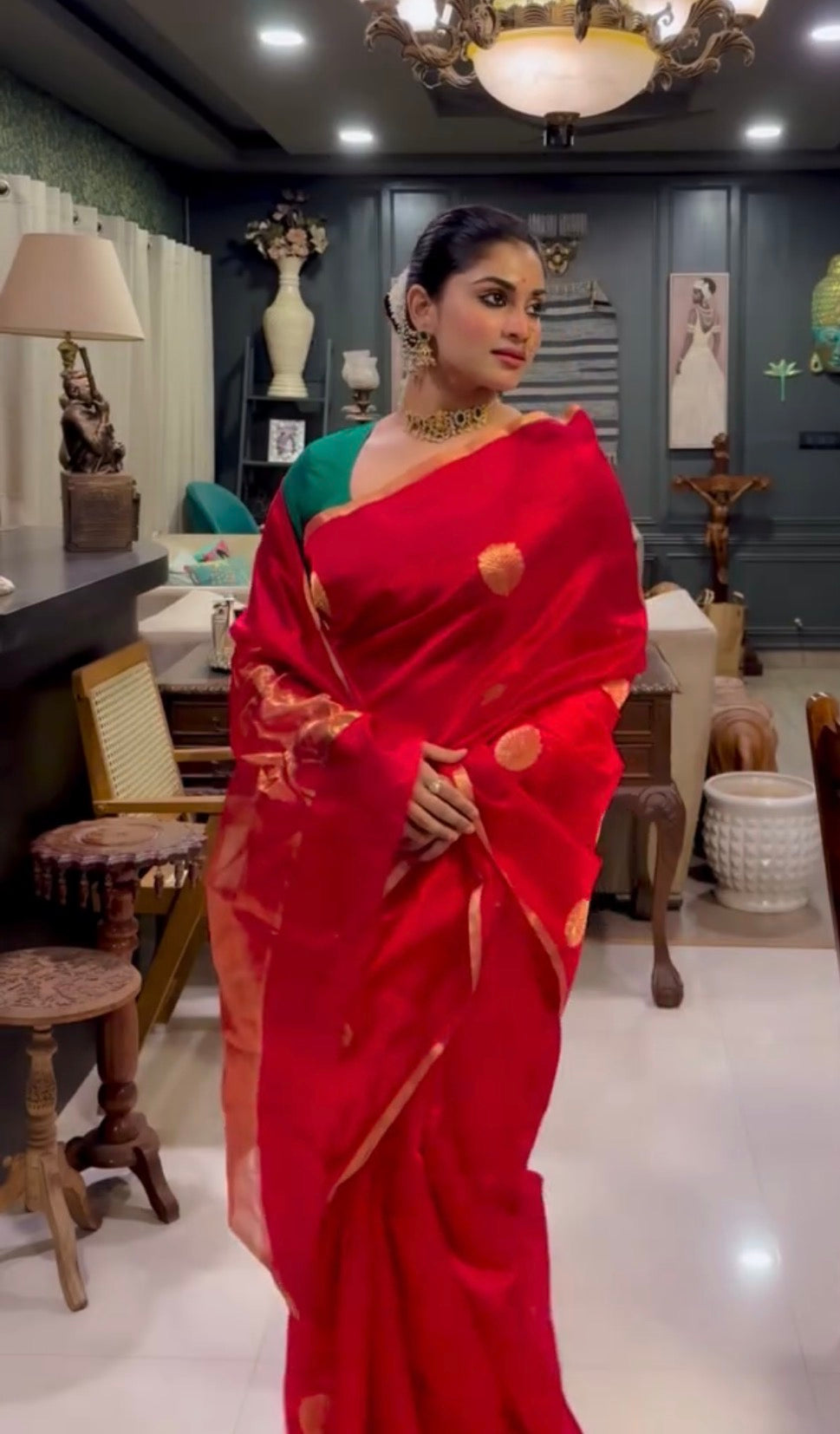Red Chanderi Silk Saree with Mor Motifs all over