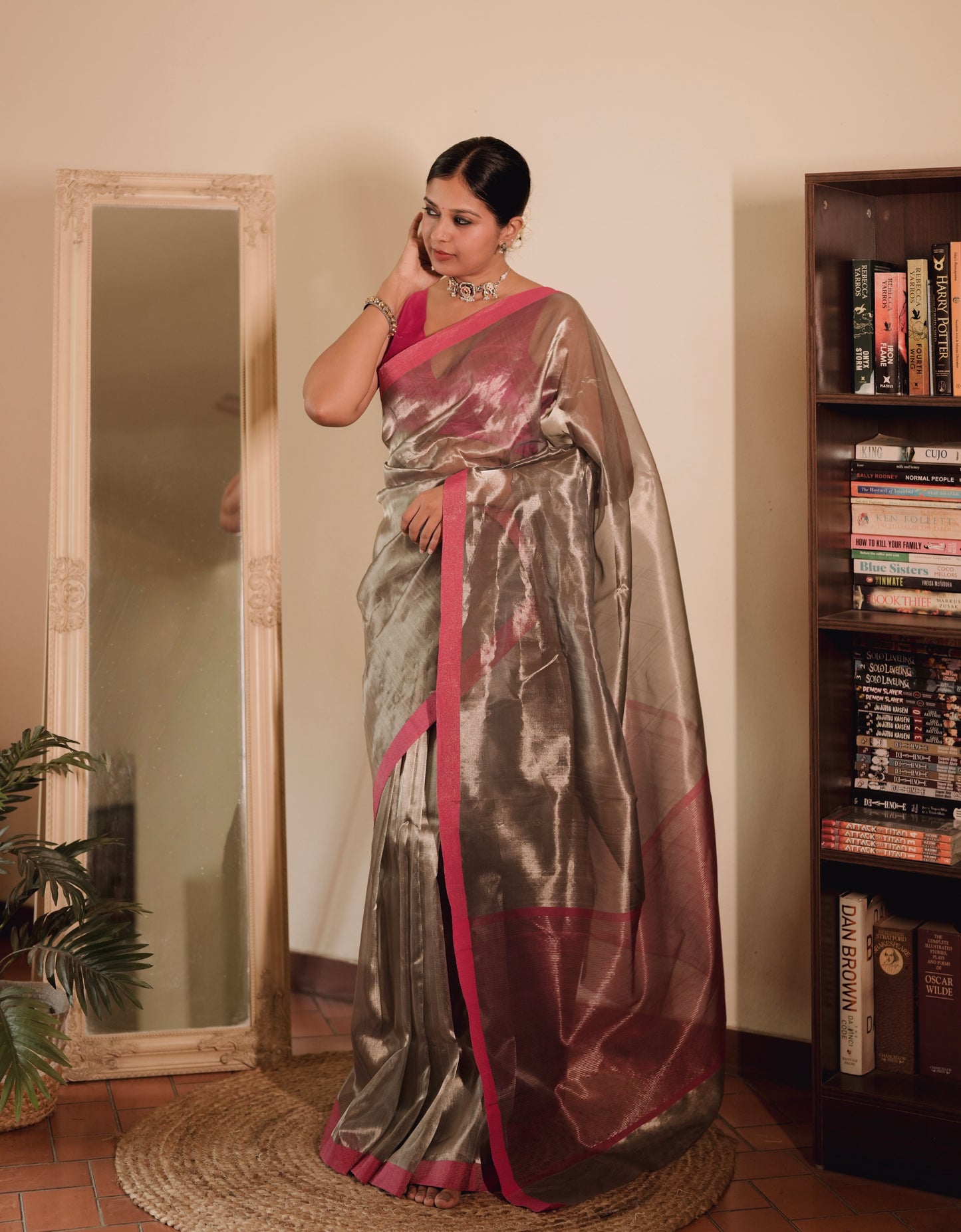 Silver grey and pink Chanderi tissue silk saree with zari lines on pallu