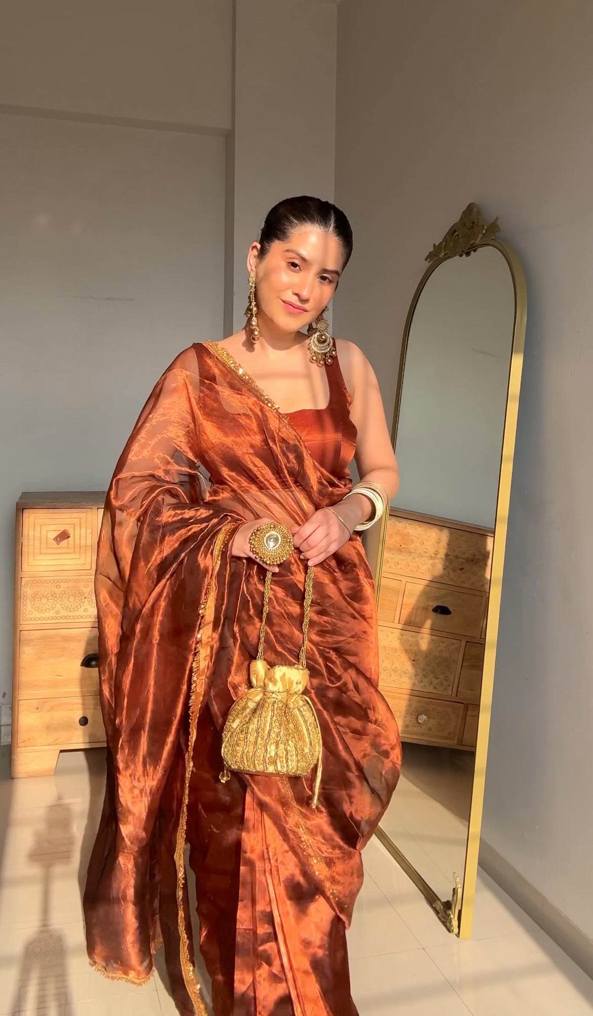 Molten Bronze chanderi tissue silk with kiran border