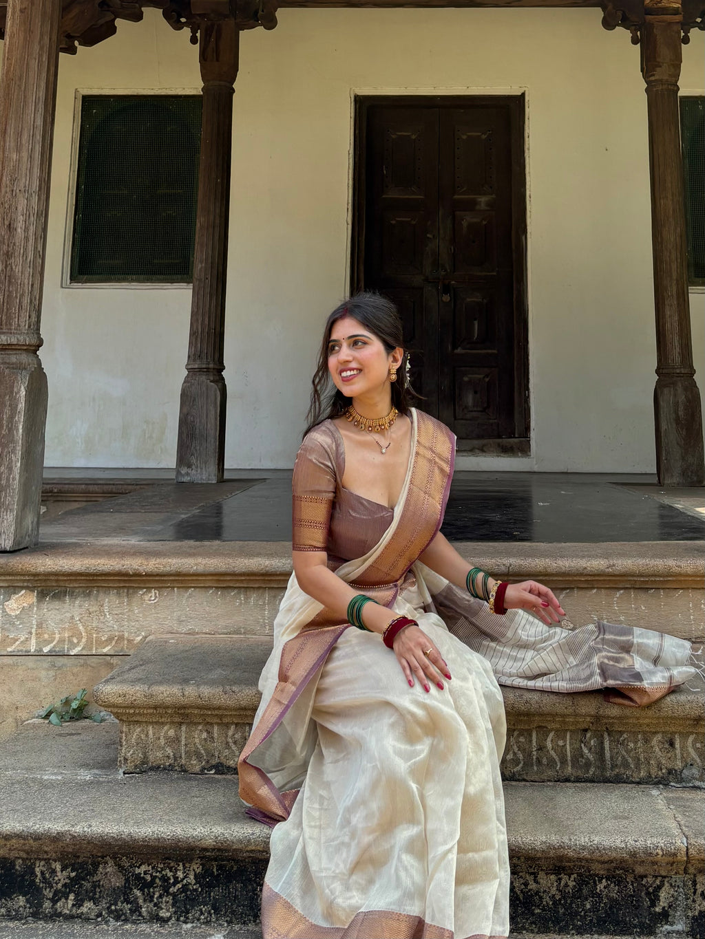 Ready to wear | Cream & Violet Maheshwari tissue silk saree with antique gold zari border