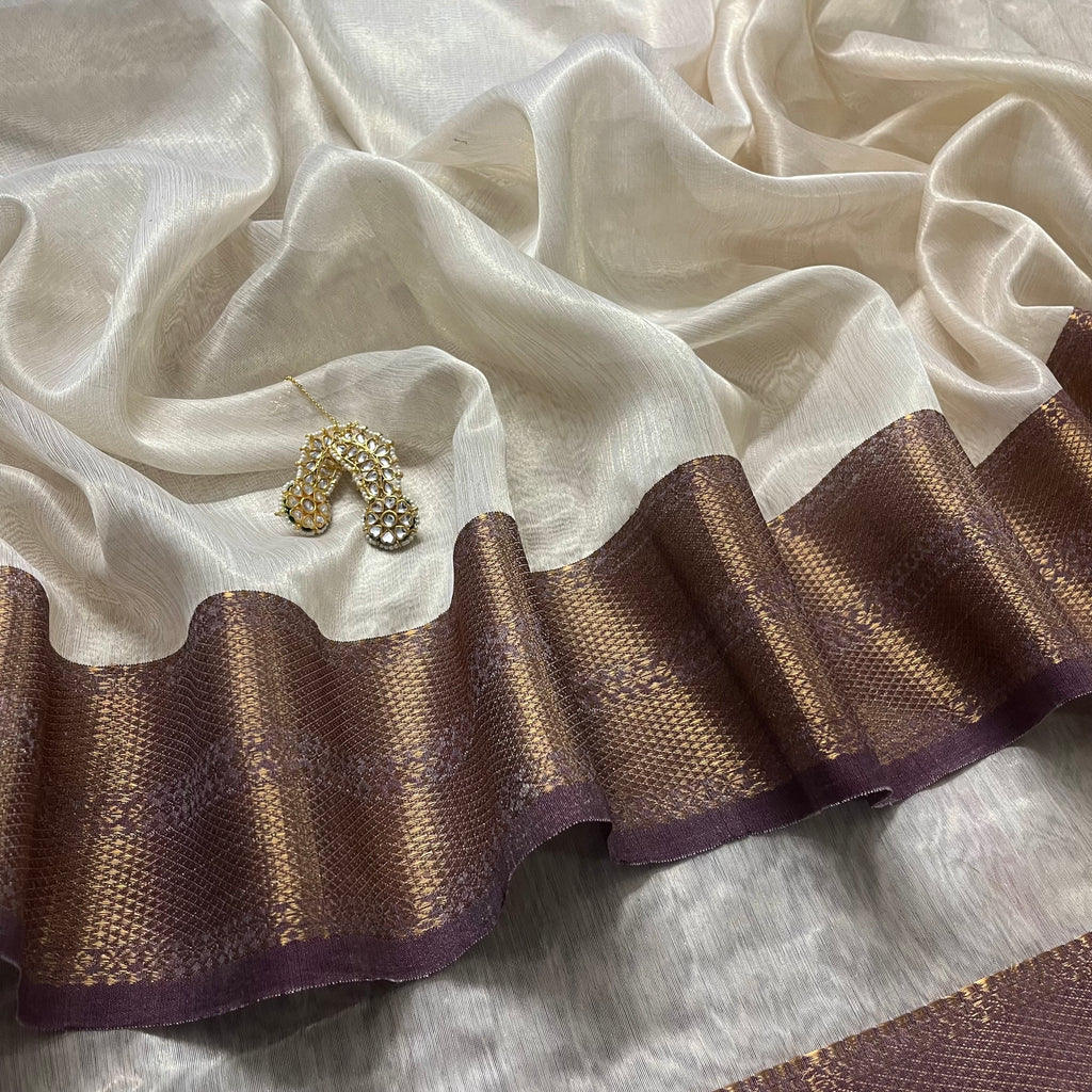 Ready to wear | Cream & Violet Maheshwari tissue silk saree with antique gold zari border