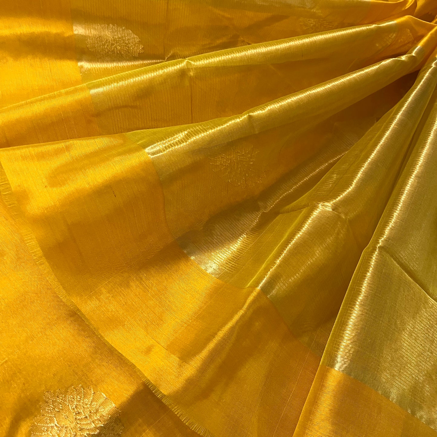 Yellow chanderi silk saree with mor motifs all over
