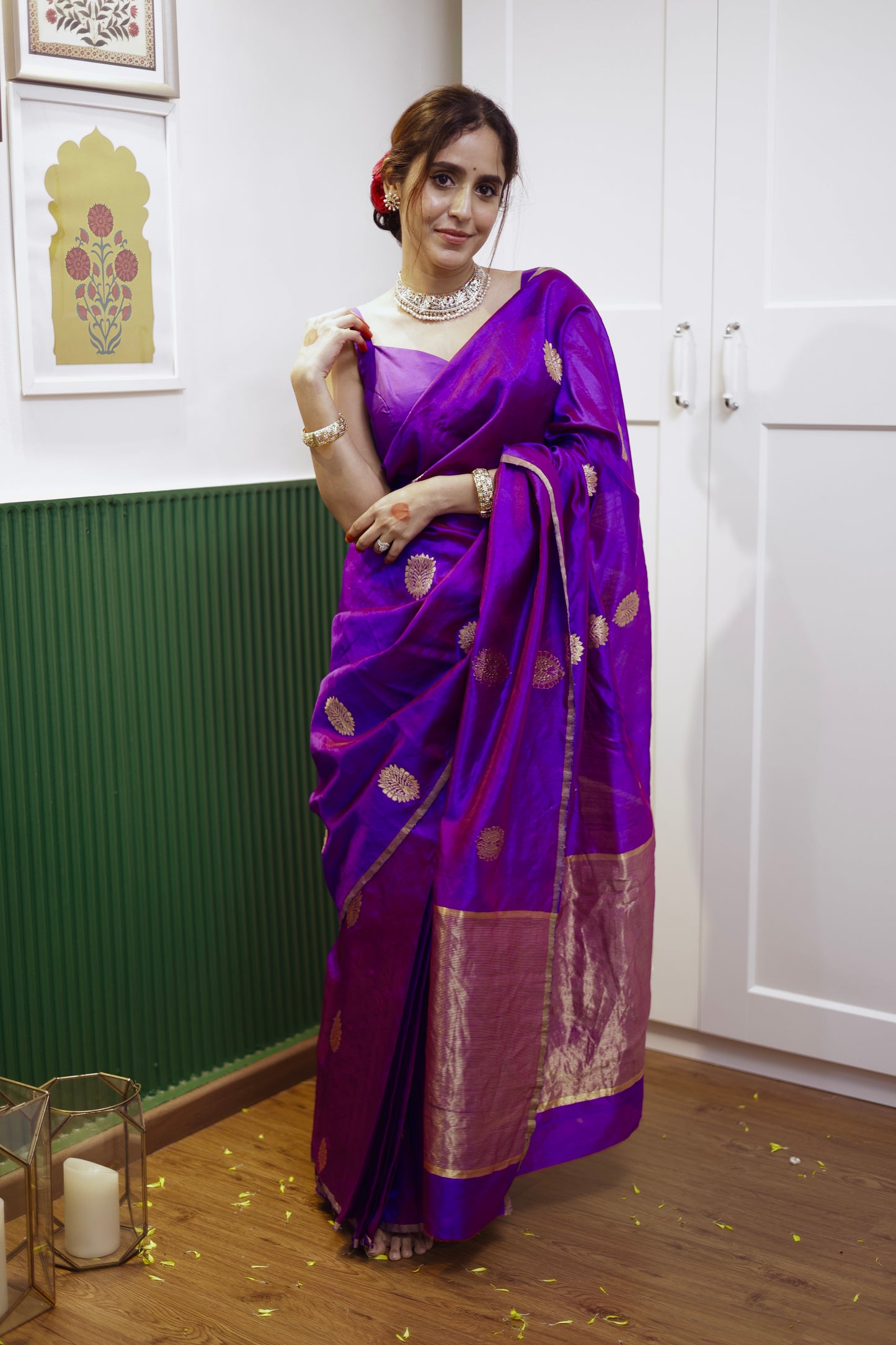 Violet dual tone chanderi silk saree with mor-motifs all over