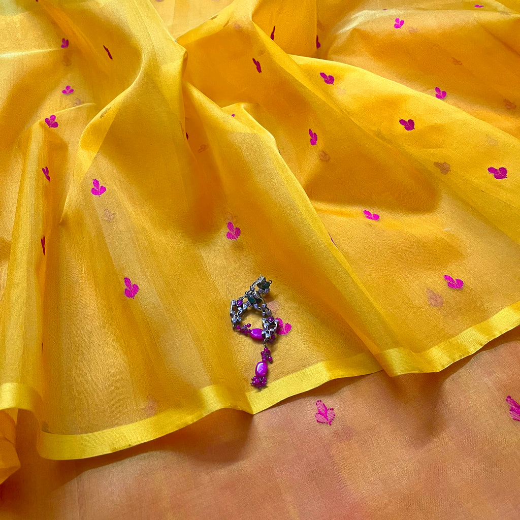 Mustard and pink Chanderi silk saree with resham bootis all over