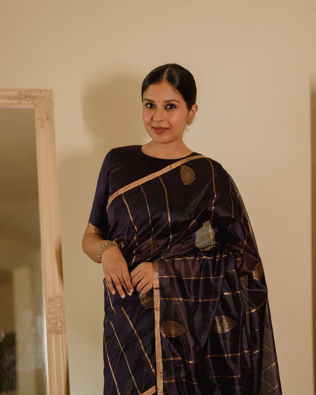 Midnight blue Chanderi silk saree with zari motifs all over