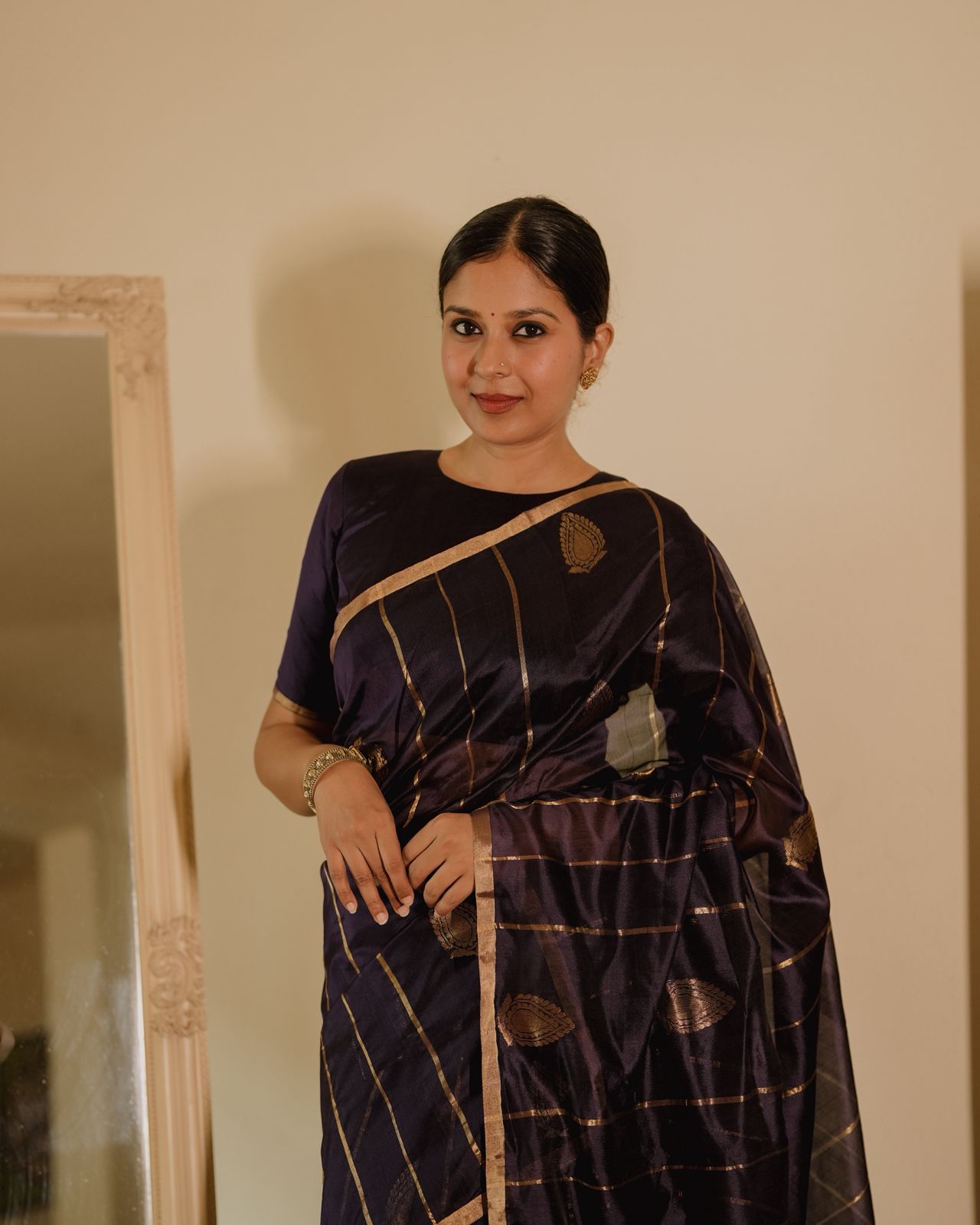 Midnight blue Chanderi silk saree with zari motifs all over